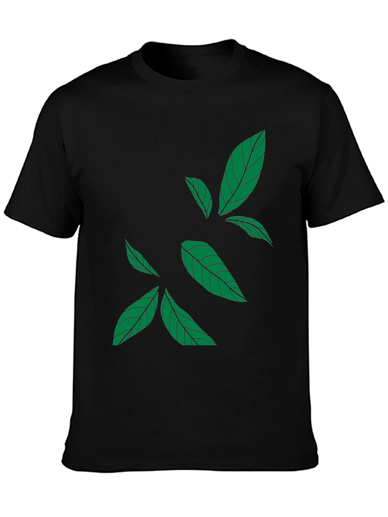 Green Leaf Print Black T-Shirt - Casual Style
