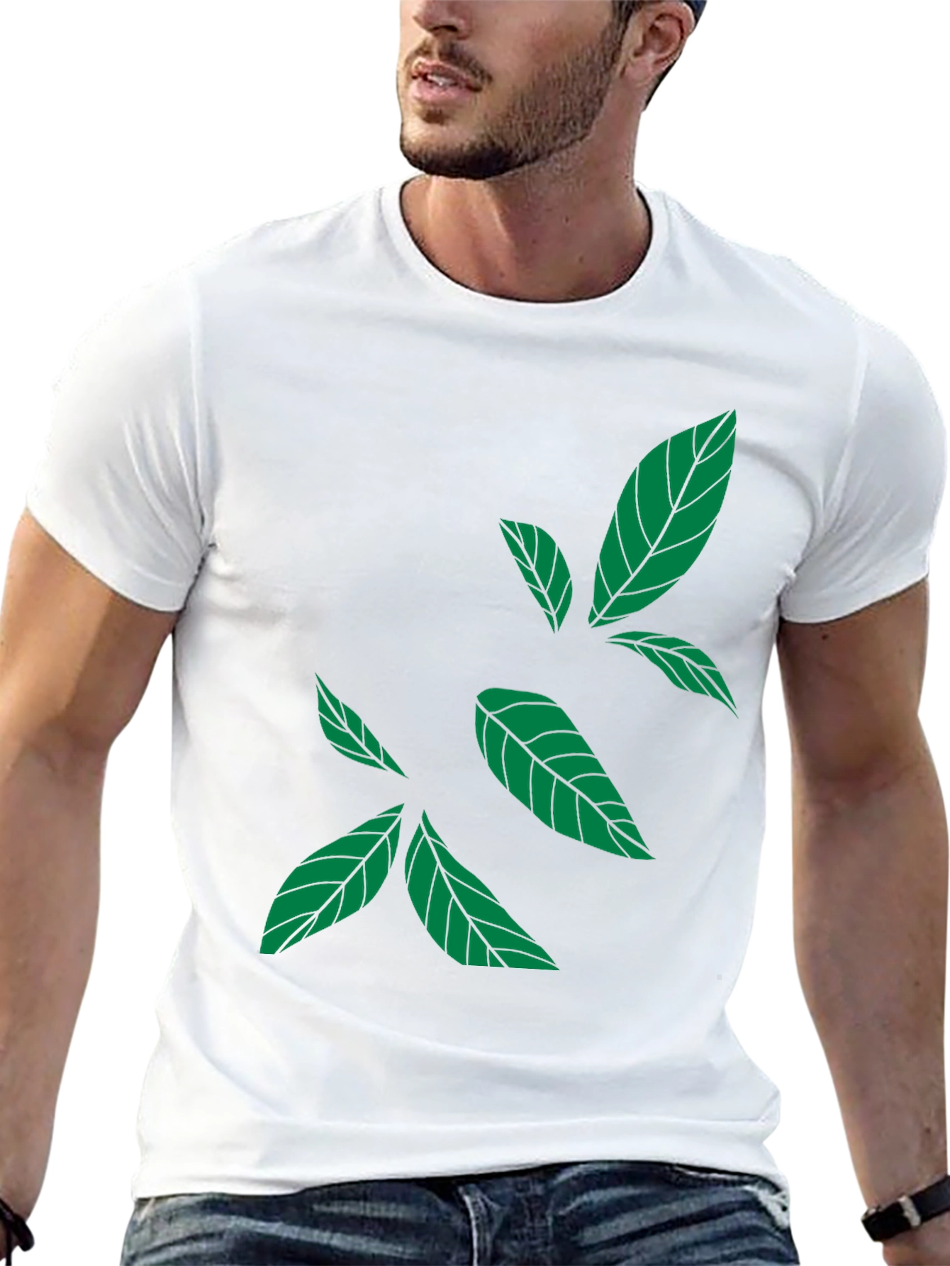 Green Leaf Print Black T-Shirt - Casual Style