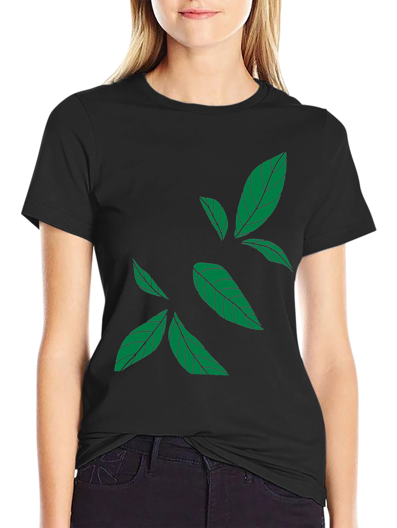 Green Leaf Print Black T-Shirt - Casual Style