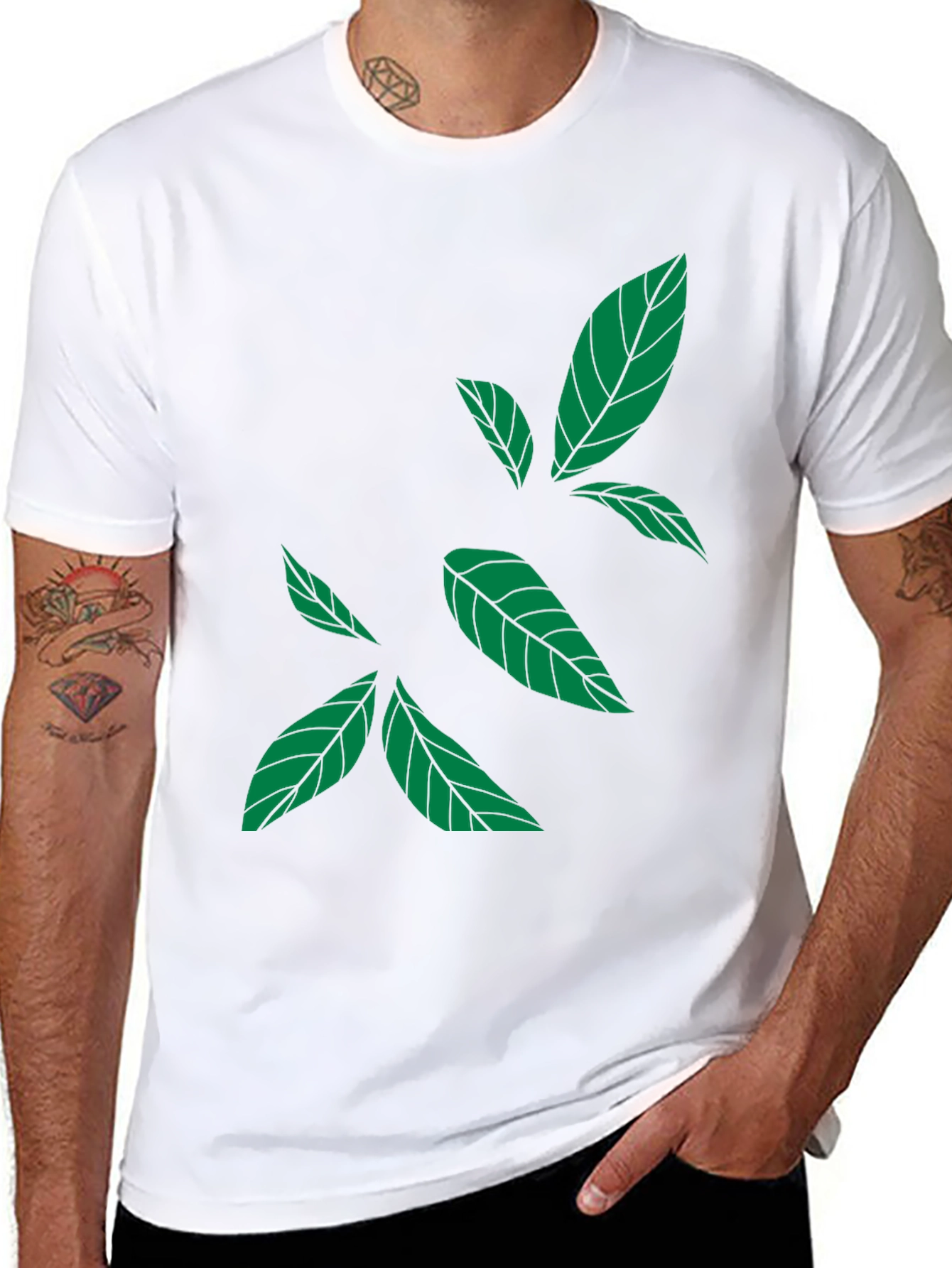 Green Leaf Print Black T-Shirt - Casual Style