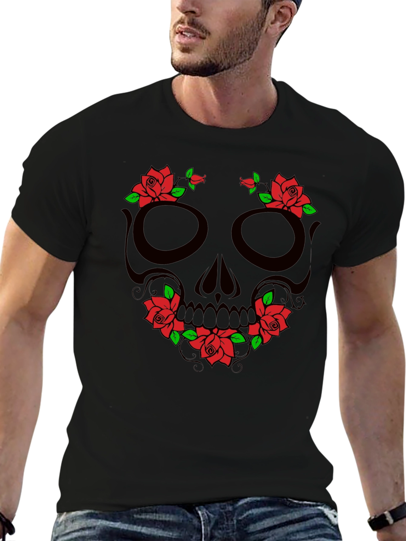 Floral Skull Graphic T-Shirt - Mens Black Tee