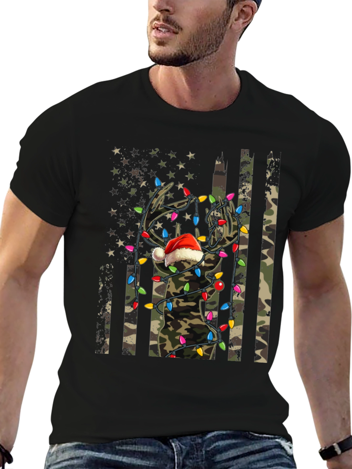 Christmas Deer Camo USA Flag T-Shirt
