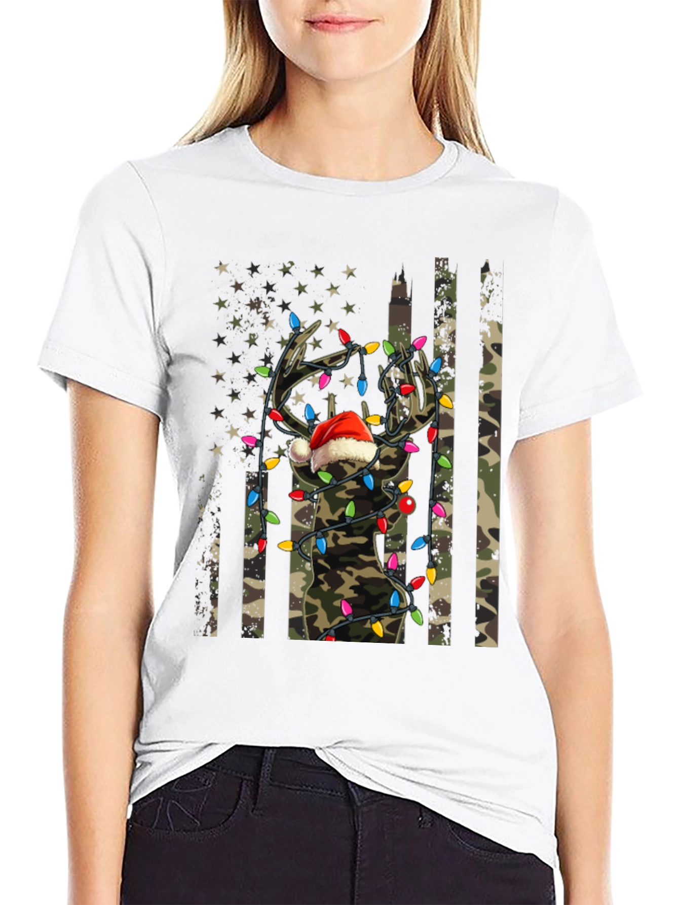 Christmas Deer Camo USA Flag T-Shirt