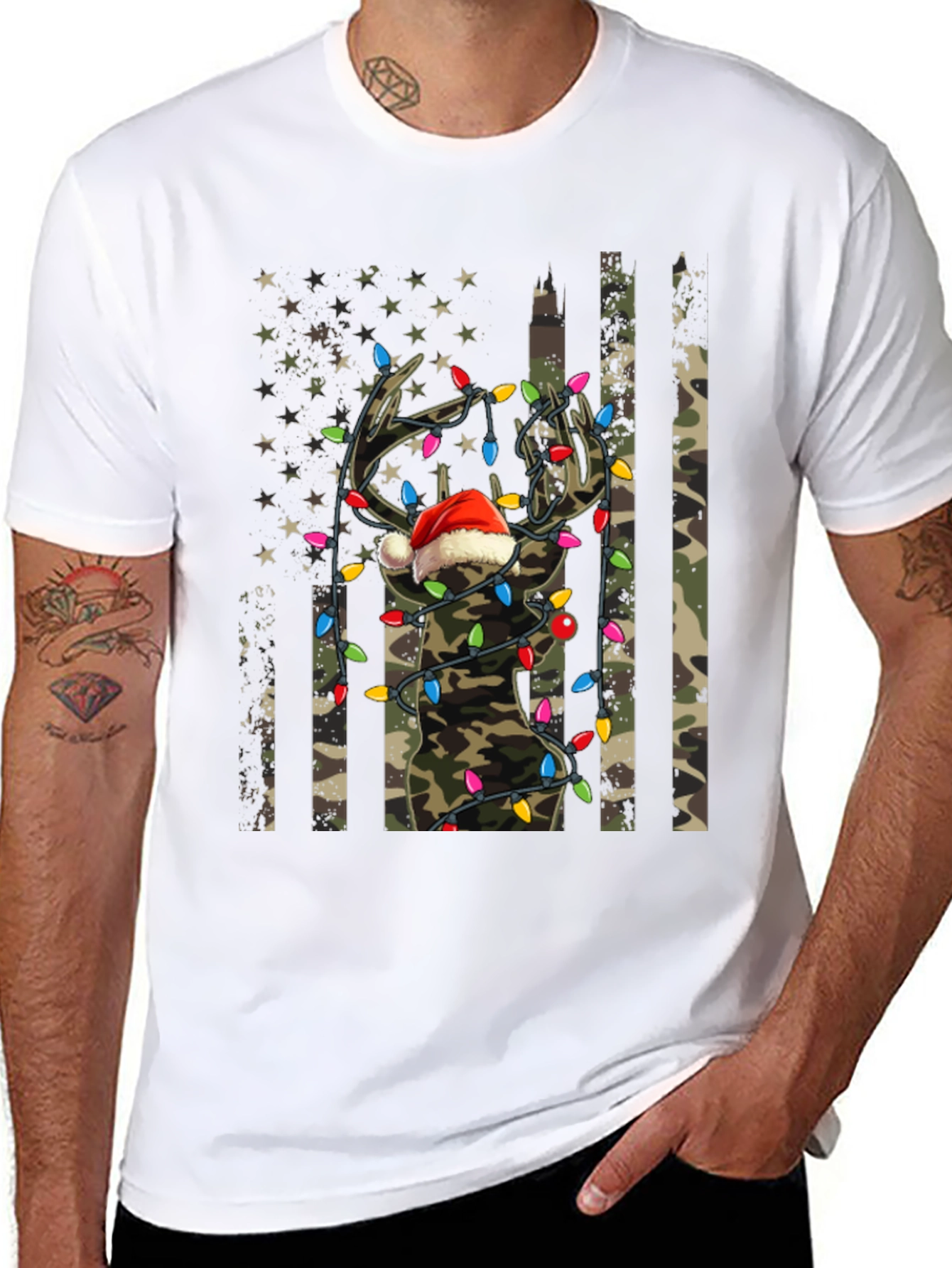 Christmas Deer Camo USA Flag T-Shirt
