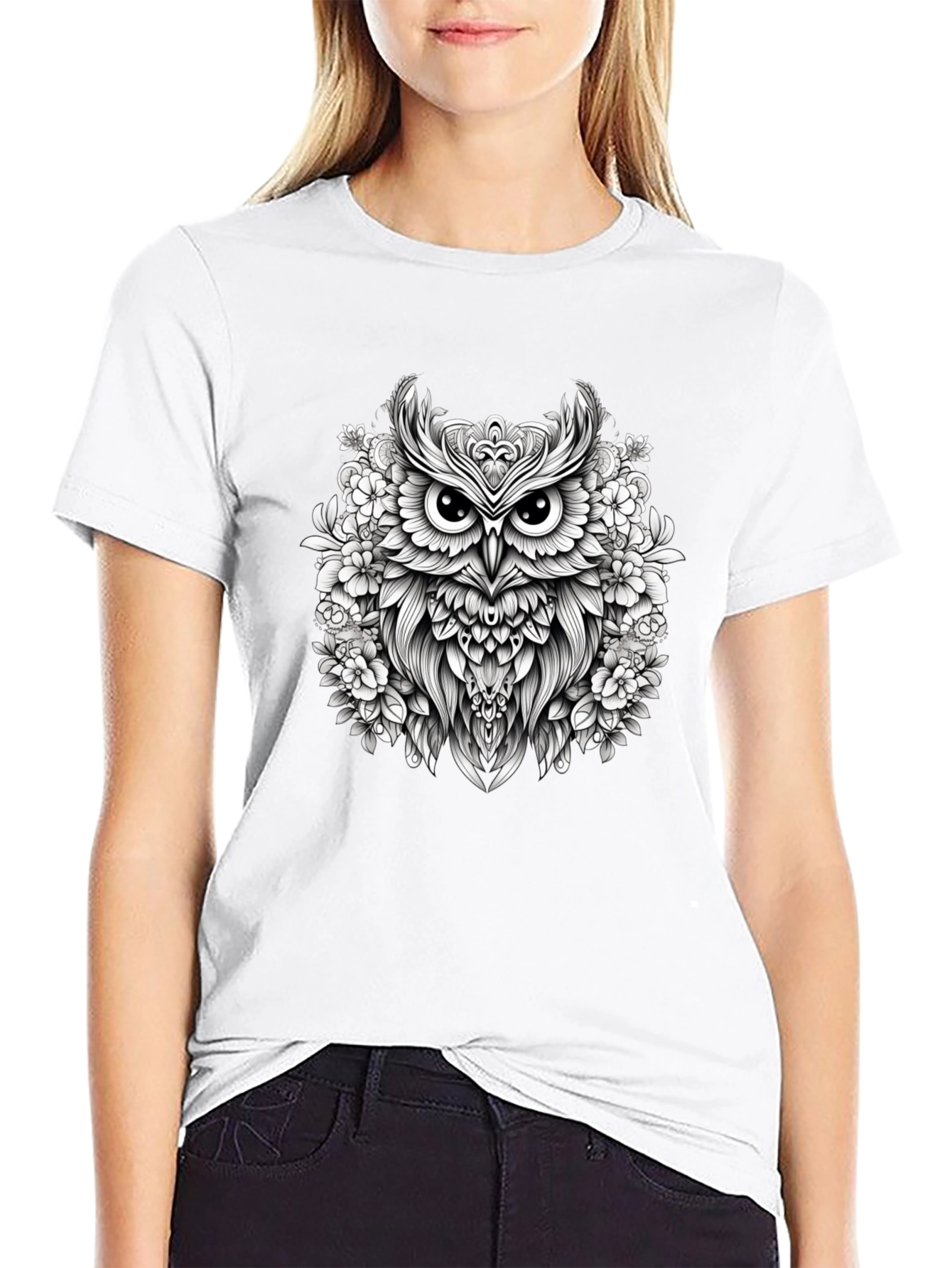 Floral Owl Graphic Black T-Shirt