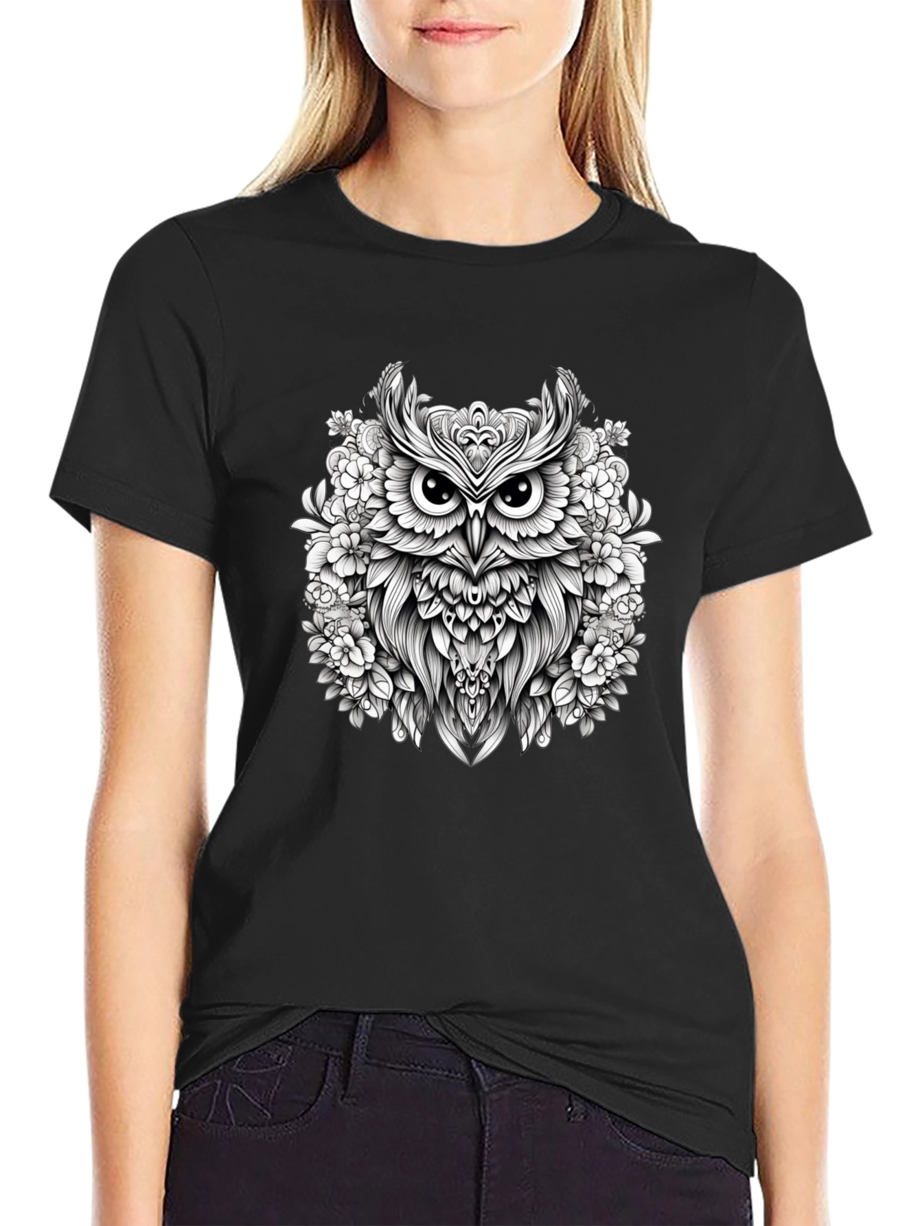 Floral Owl Graphic Black T-Shirt