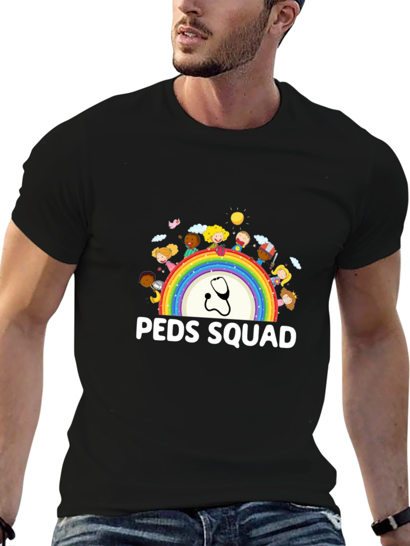 Peds Squad T-Shirt: Pediatrician Rainbow Stethoscope Tee