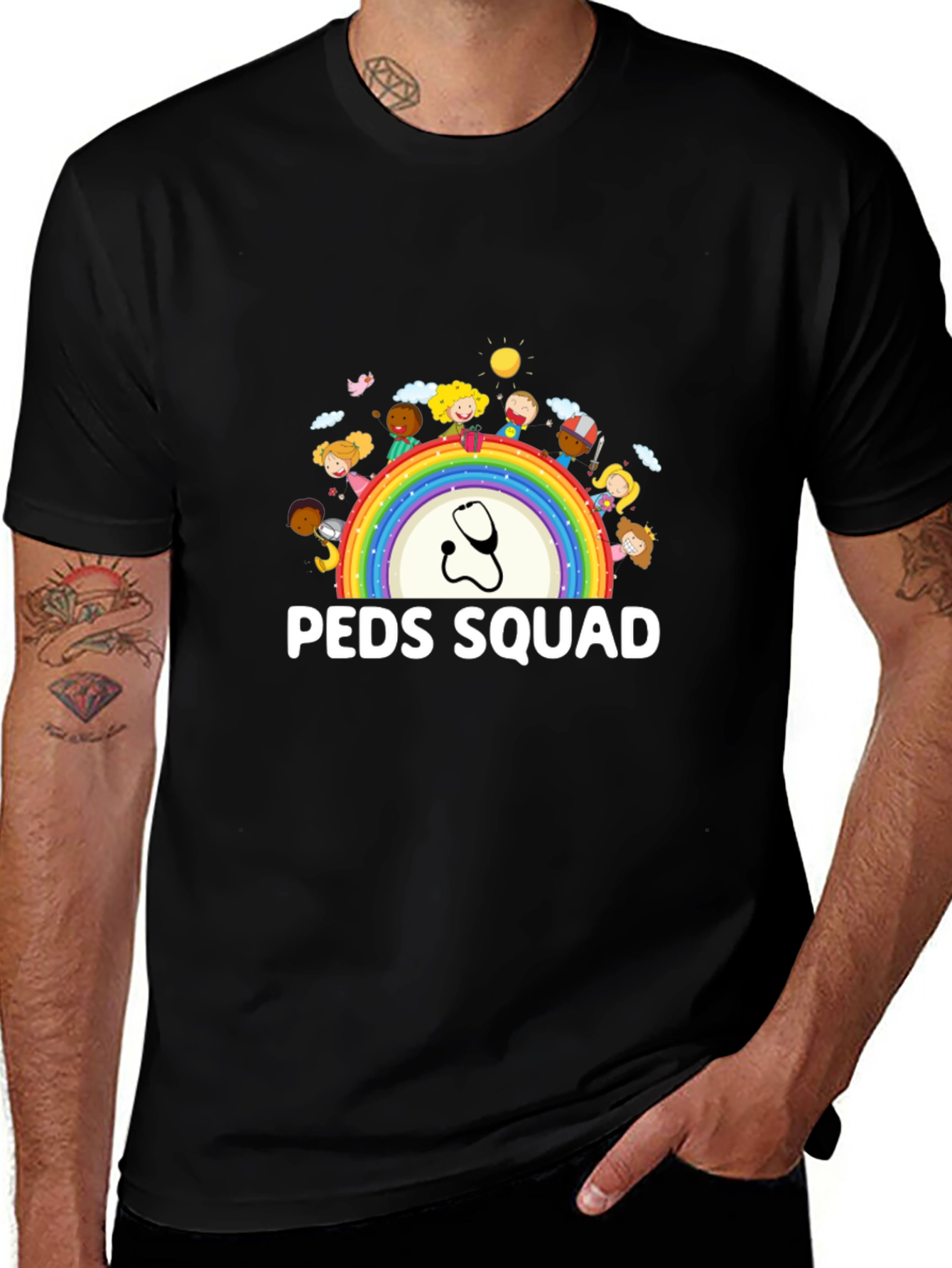 Peds Squad T-Shirt: Pediatrician Rainbow Stethoscope Tee