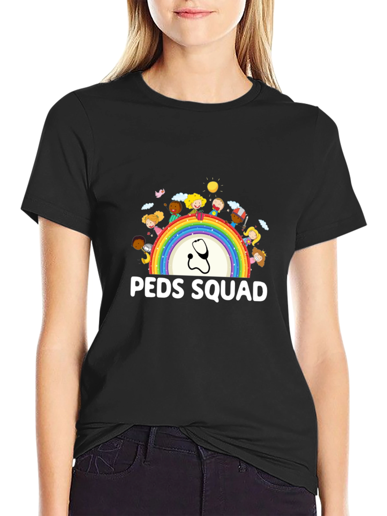 Peds Squad T-Shirt: Pediatrician Rainbow Stethoscope Tee