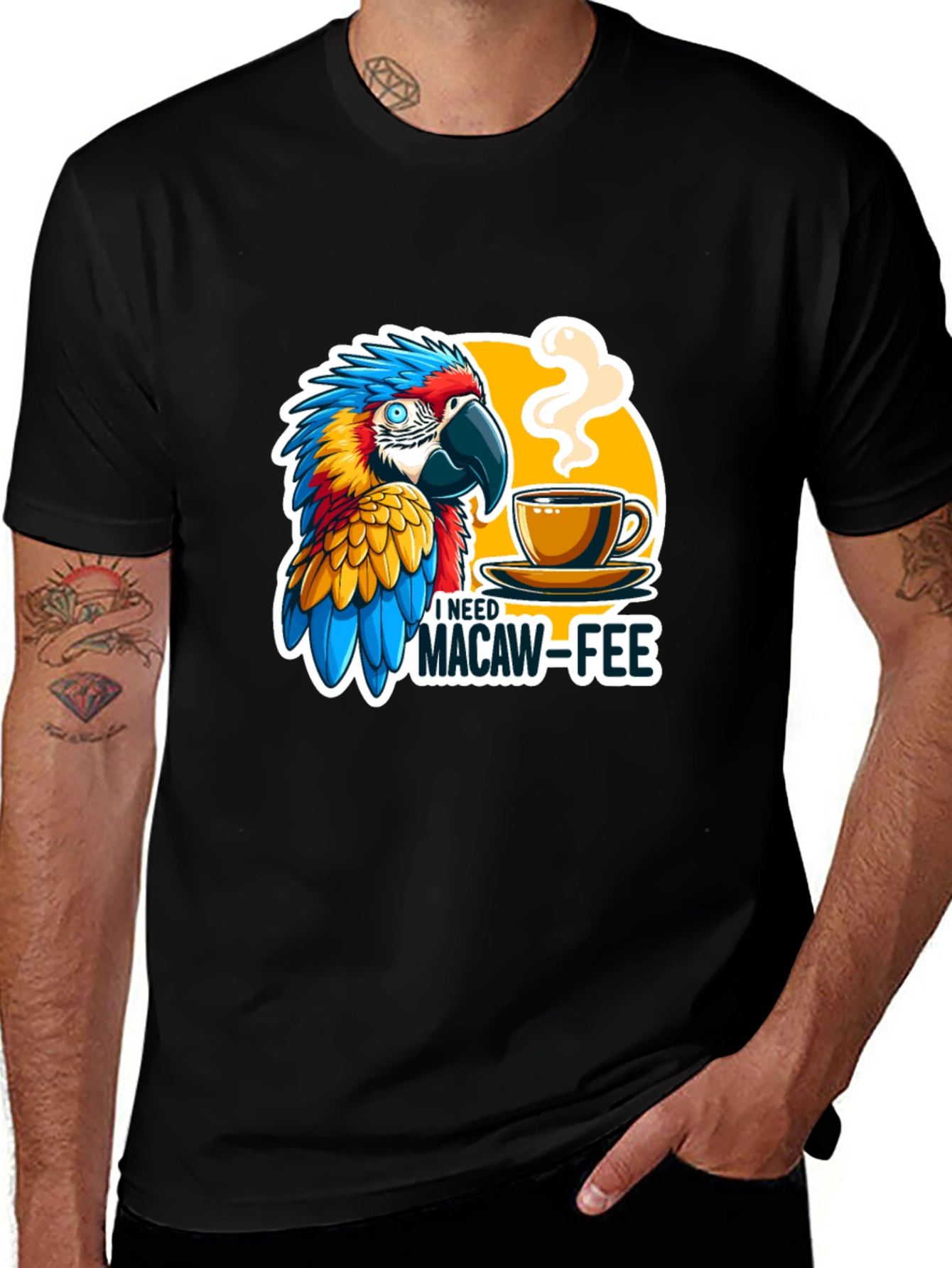 Macaw-Fee T-Shirt - Parrot & Coffee Graphic Tee