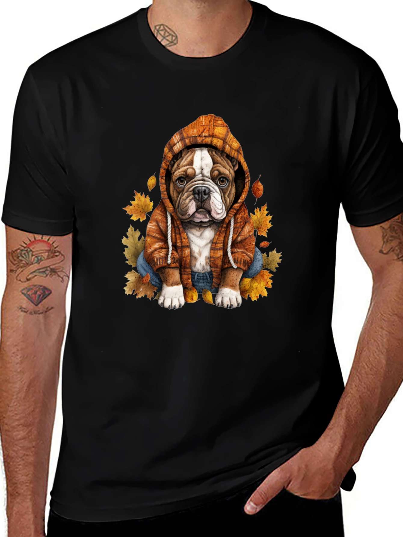 Bulldog Hoodie T-Shirt Autumn Leaves Cute Dog Tee