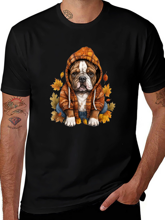 Bulldog Hoodie T-Shirt Autumn Leaves Cute Dog Tee
