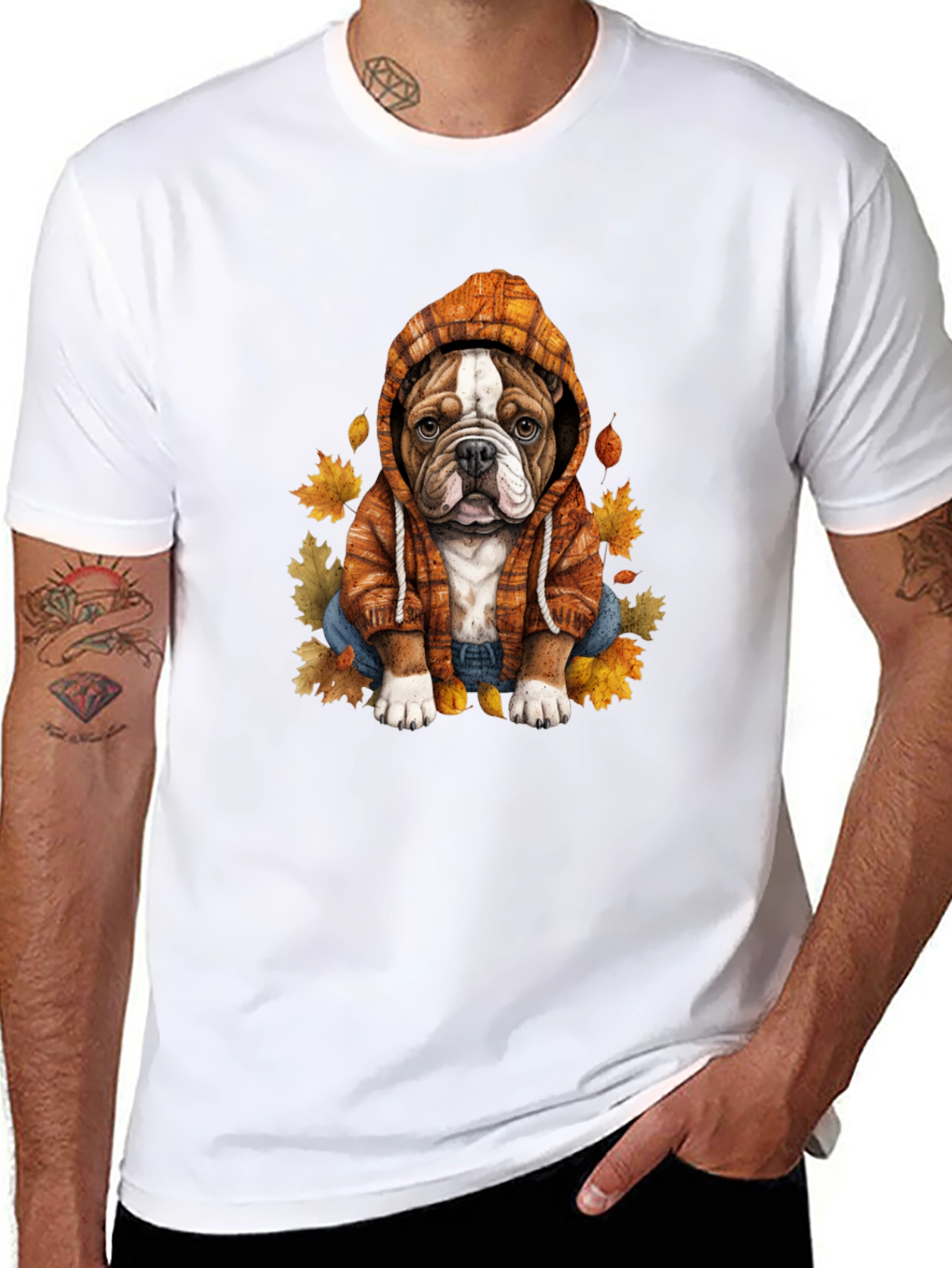 Bulldog Hoodie T-Shirt Autumn Leaves Cute Dog Tee