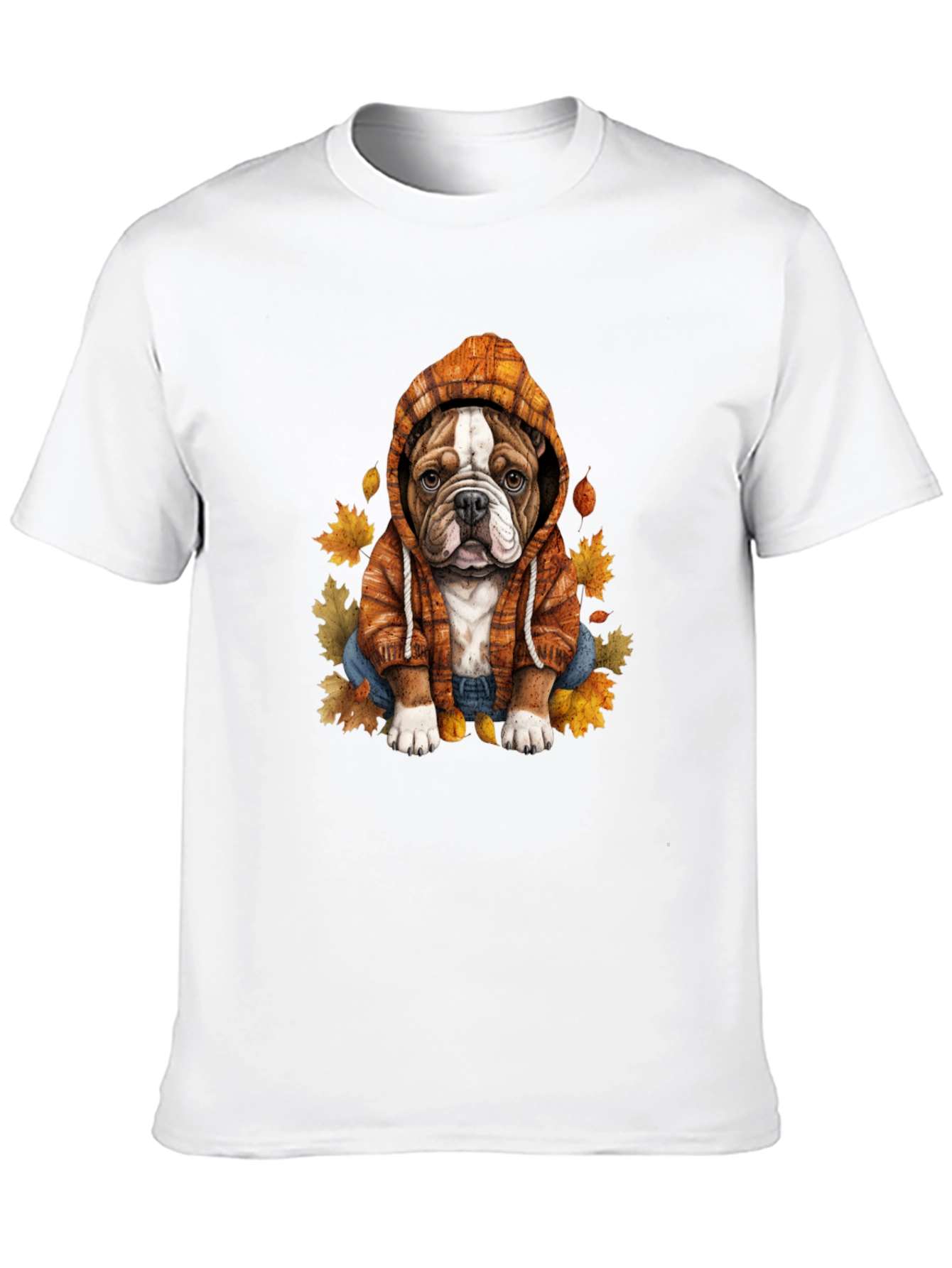 Bulldog Hoodie T-Shirt Autumn Leaves Cute Dog Tee