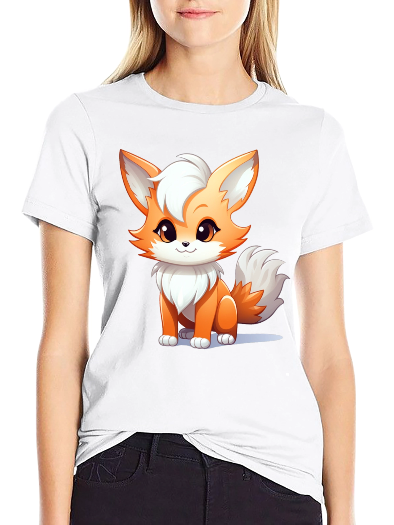 Cute Cartoon Fox Graphic Black T-Shirt