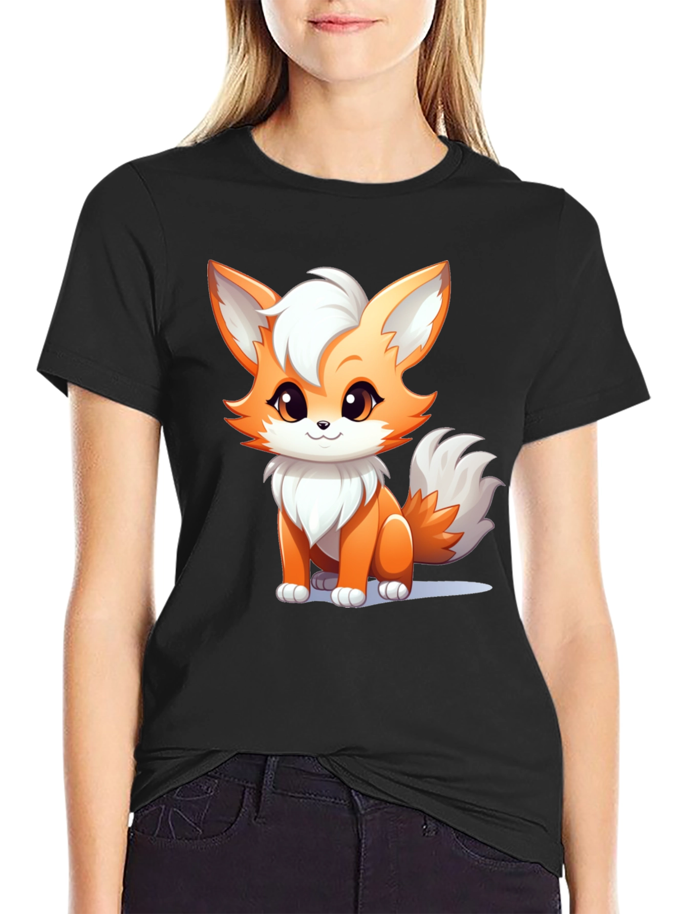 Cute Cartoon Fox Graphic Black T-Shirt