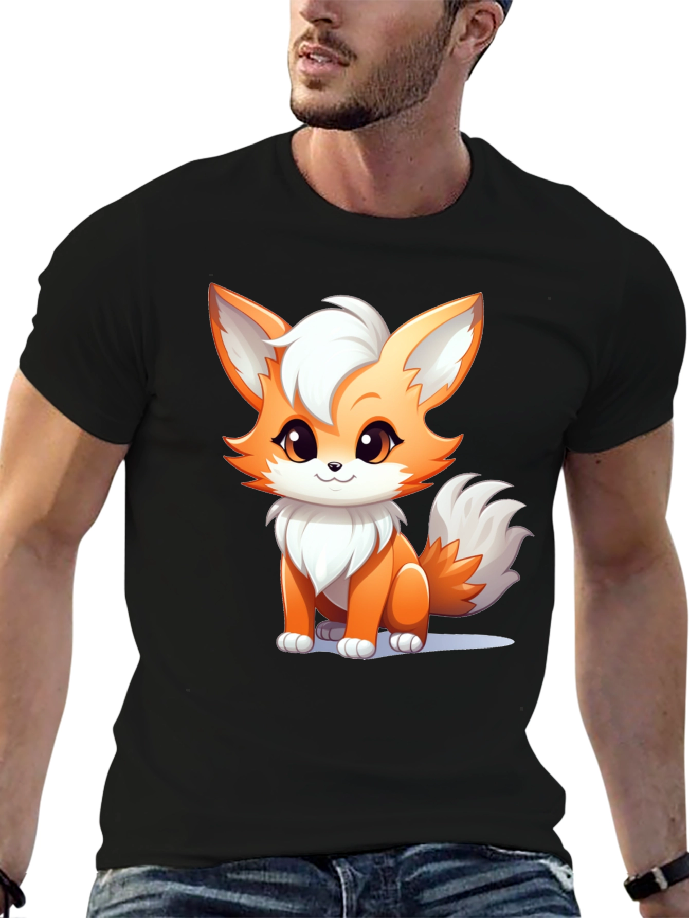 Cute Cartoon Fox Graphic Black T-Shirt
