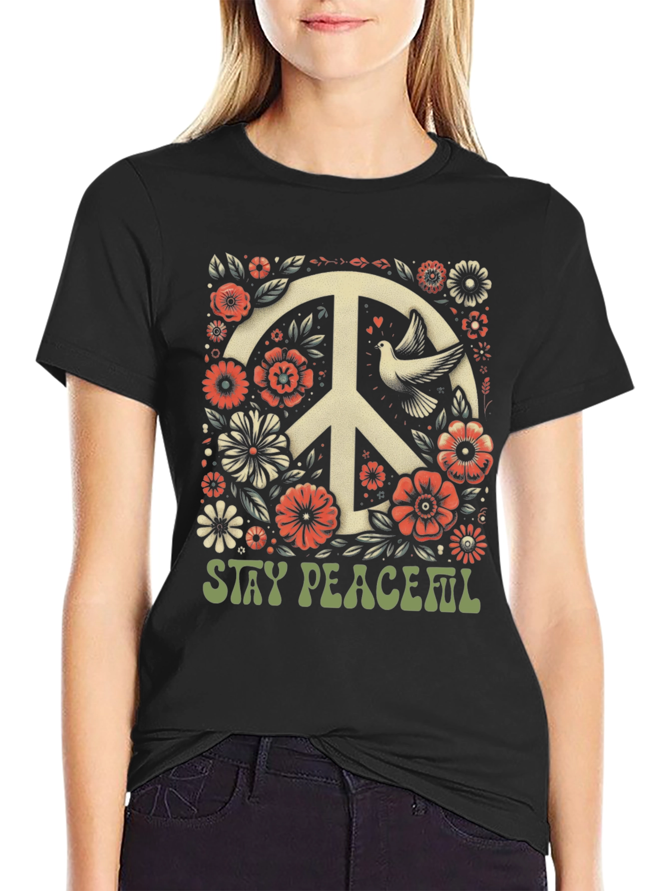 Stay Peaceful Dove Peace Sign T-Shirt