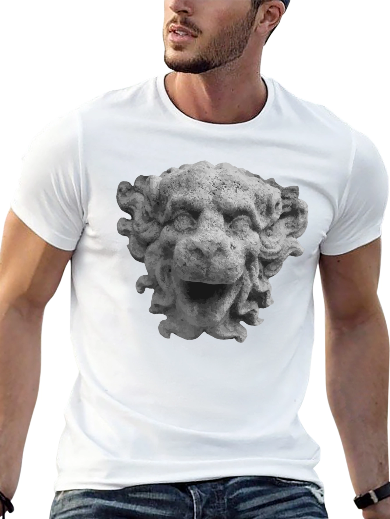 Stone Lion Head Graphic Tee - Unique Design