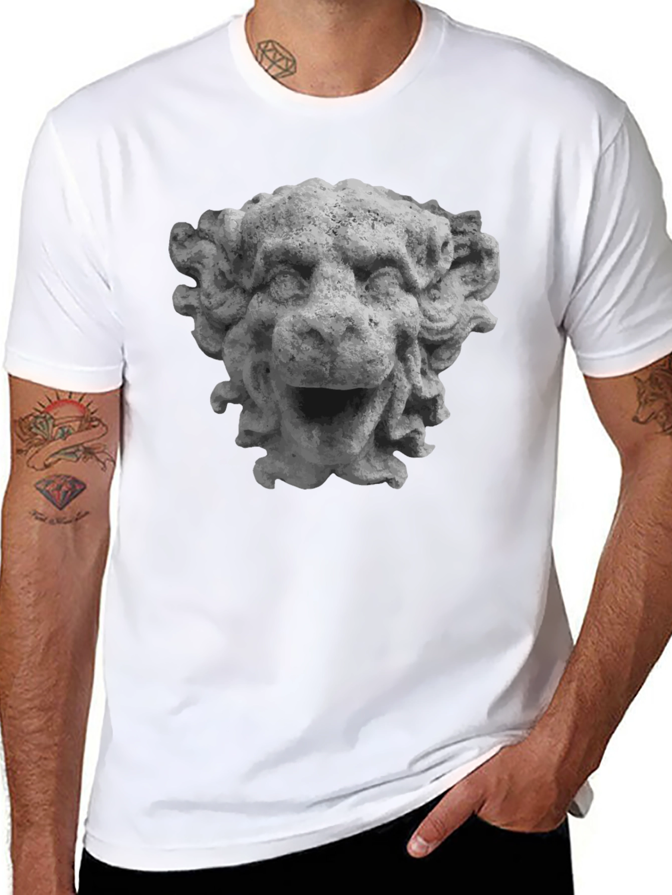 Stone Lion Head Graphic Tee - Unique Design