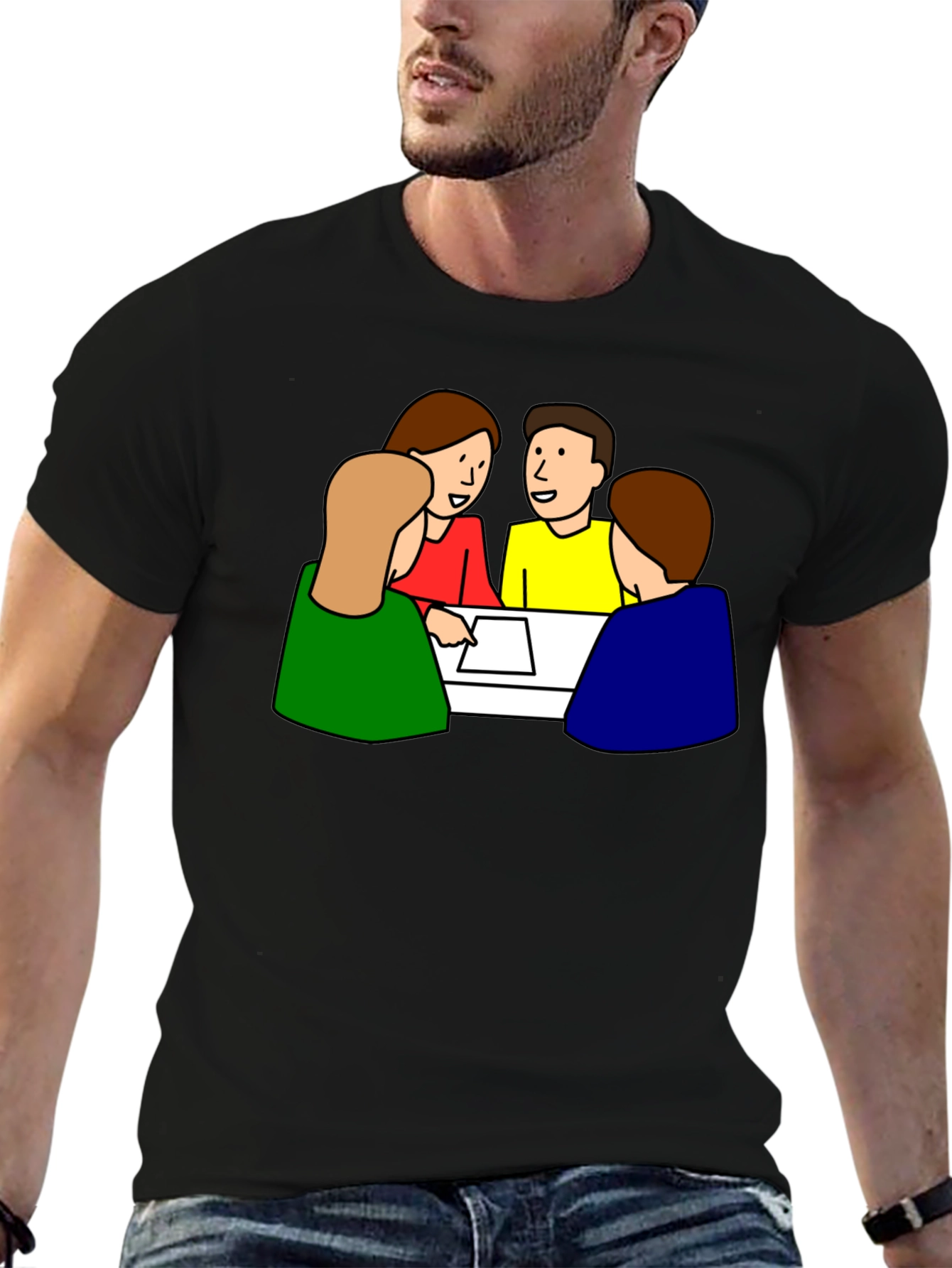 Cartoon People Meeting T-Shirt - Black