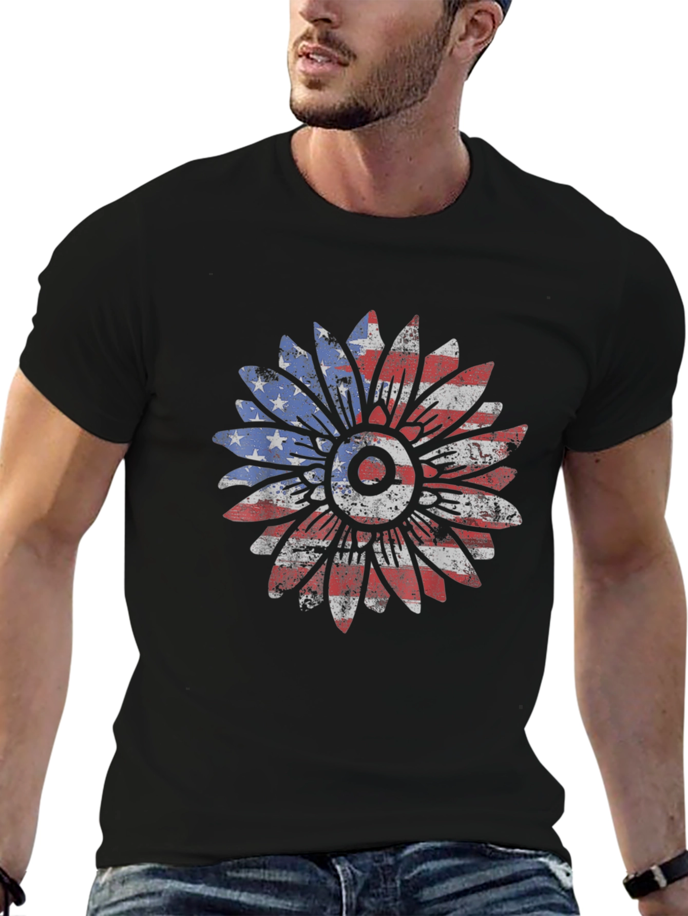 American Flag Sunflower Graphic T-Shirt