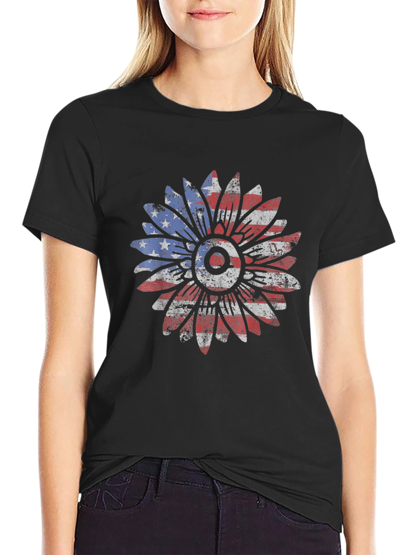American Flag Sunflower Graphic T-Shirt