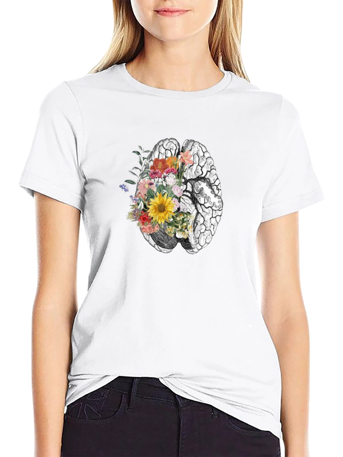 Floral Brain Graphic Tee - Black Unisex T-Shirt