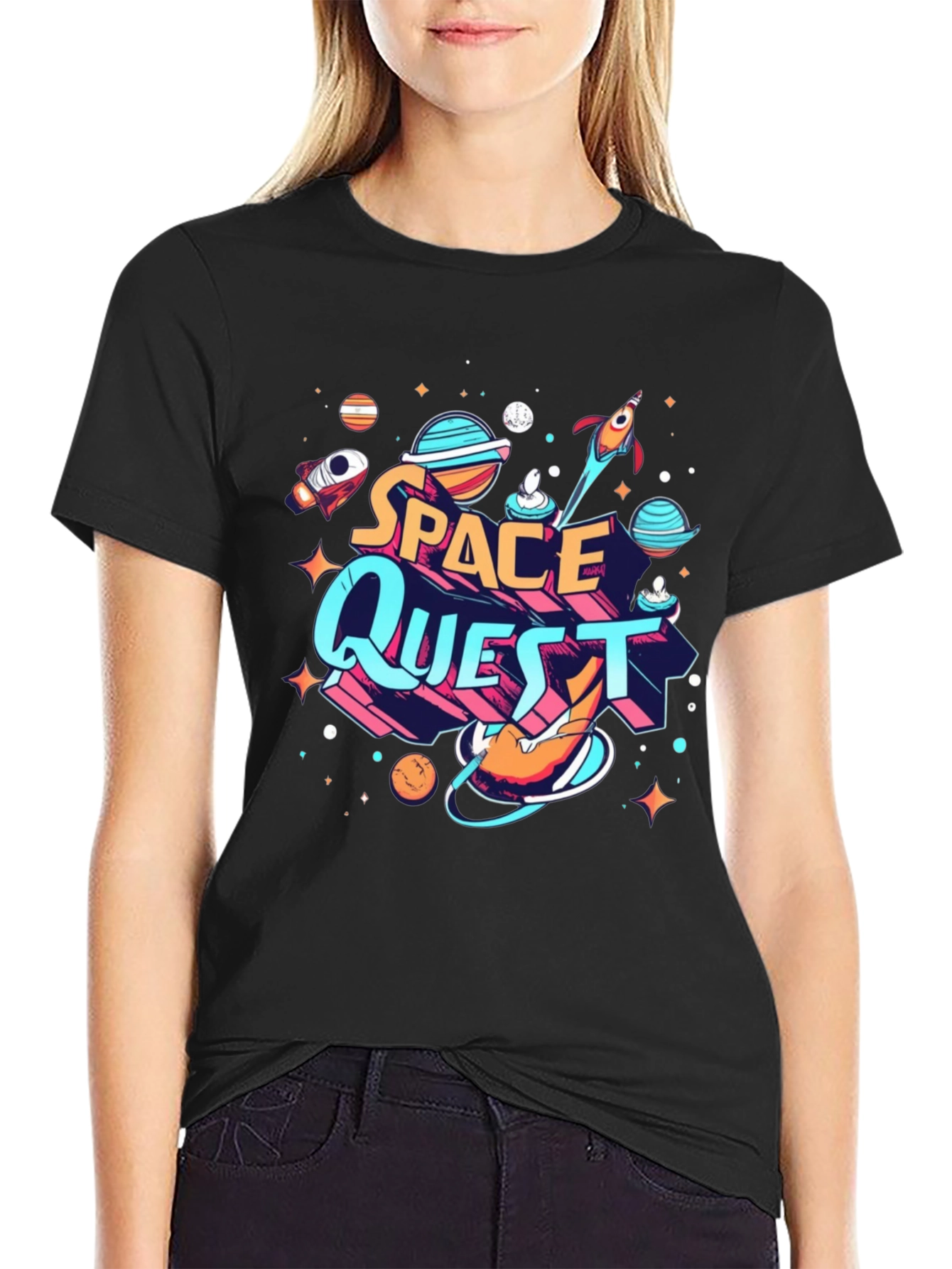 Space Quest Graphic T-Shirt - Black Crew Neck