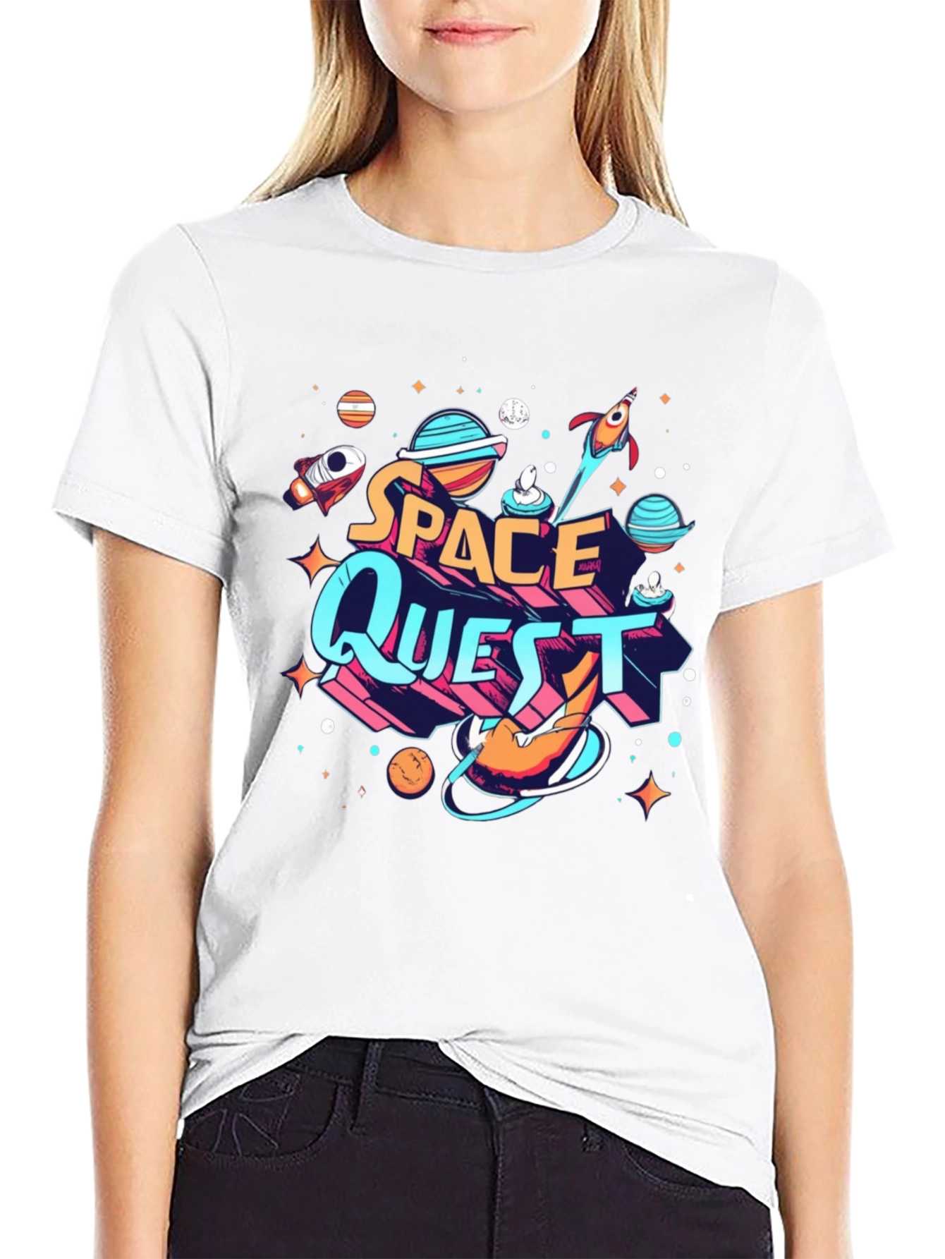 Space Quest Graphic T-Shirt - Black Crew Neck