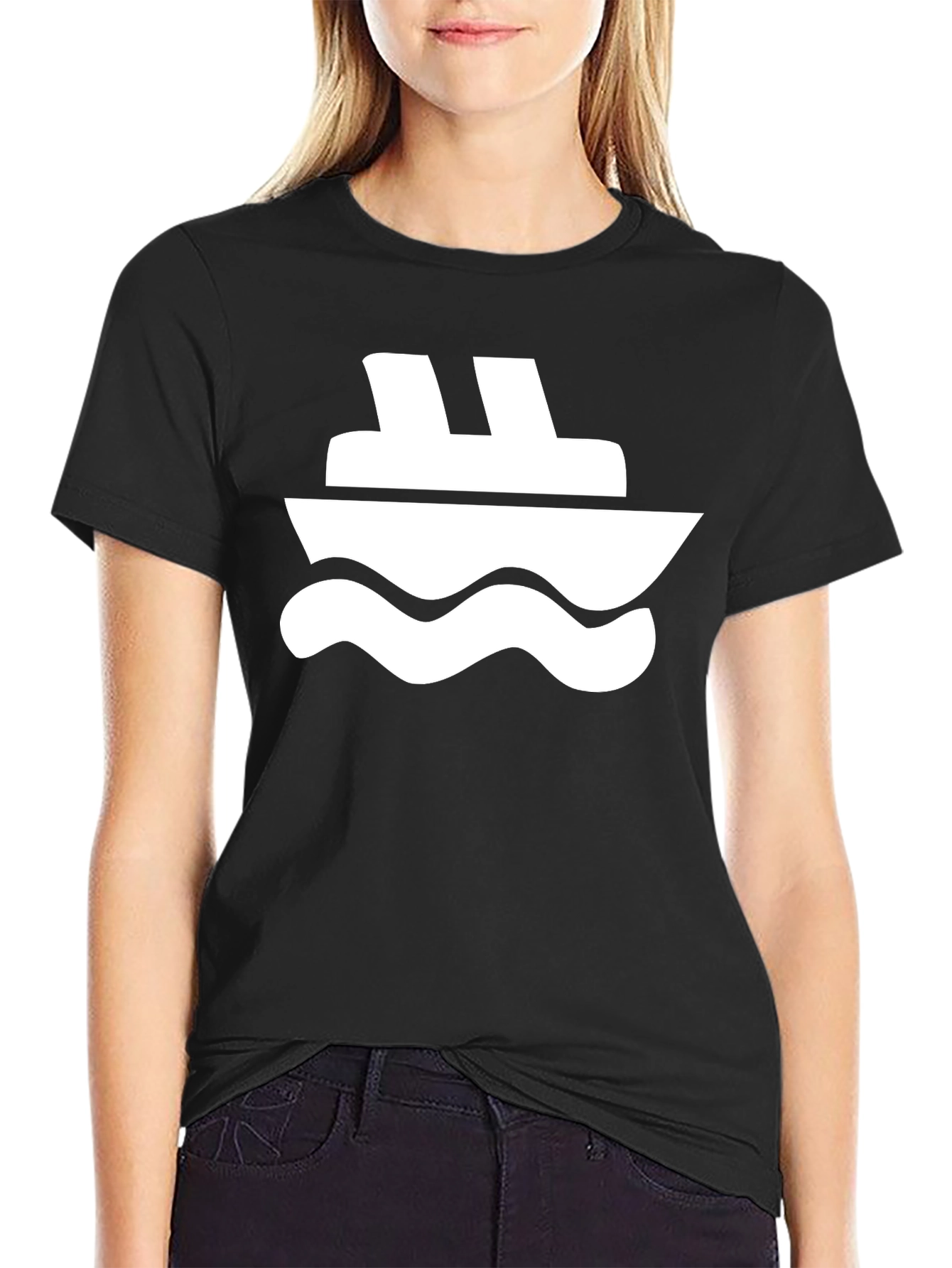 Black T-Shirt with White Boat Graphic