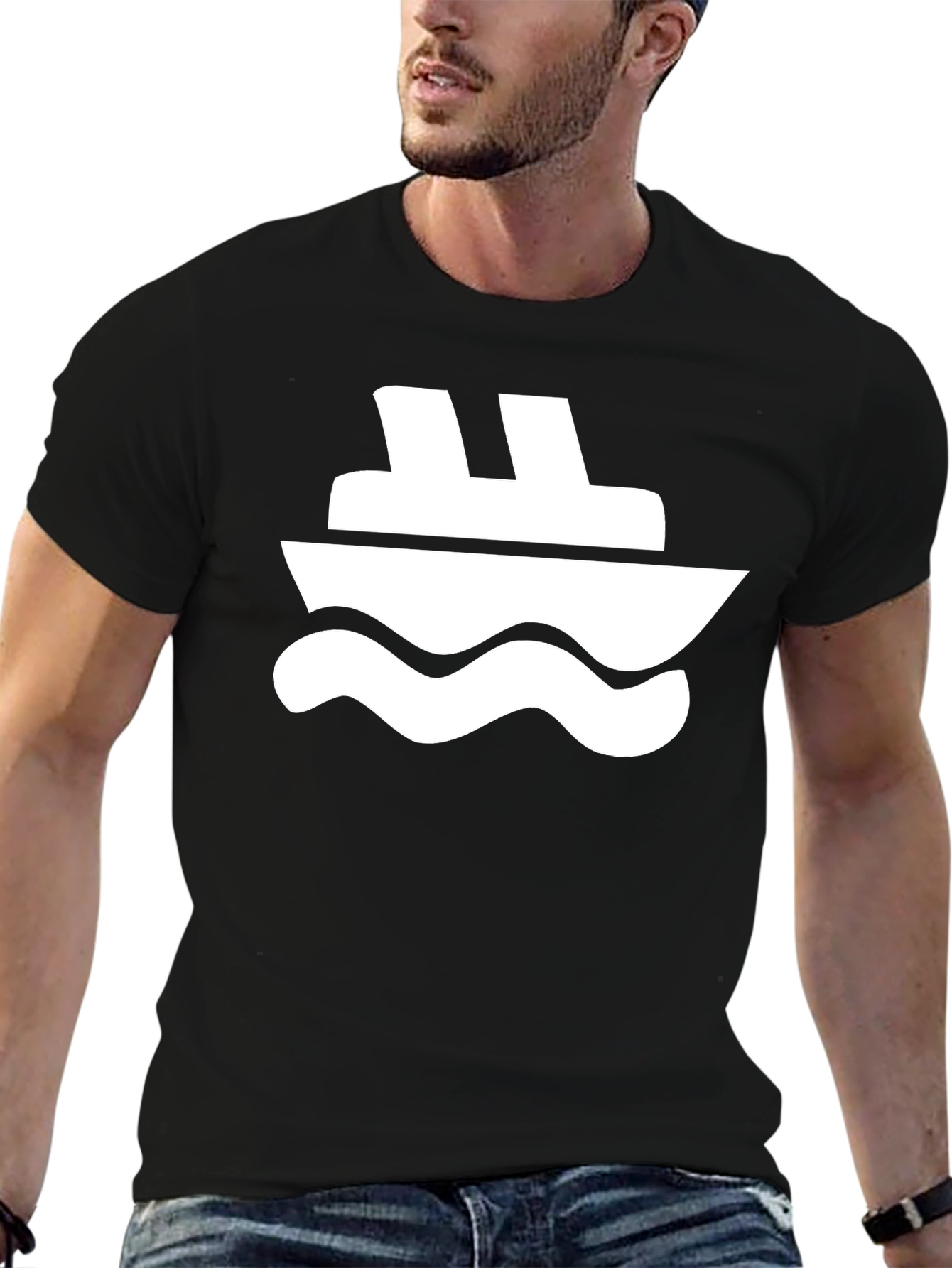 Black T-Shirt with White Boat Graphic