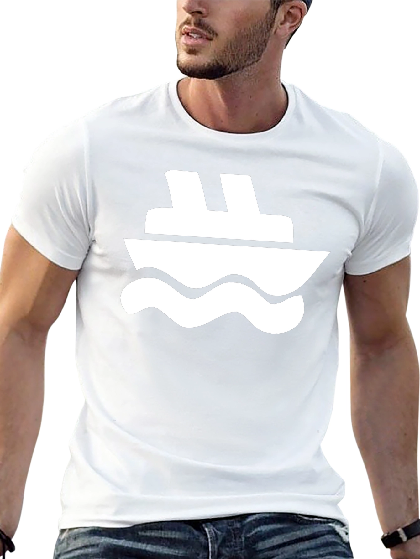 Black T-Shirt with White Boat Graphic