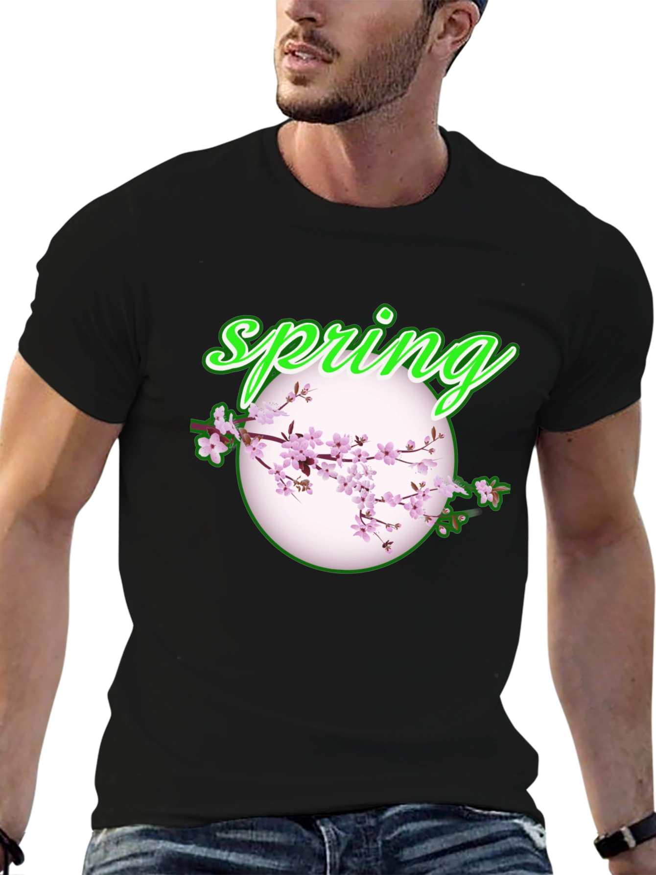 Spring Blossom Graphic Tee - Black Cotton T-Shirt