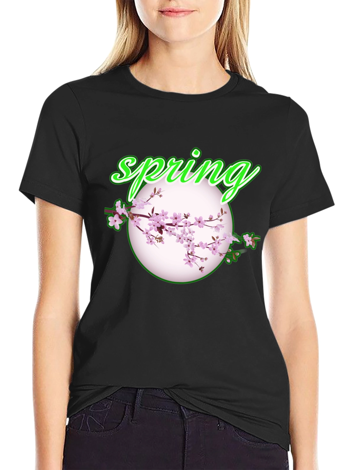 Spring Blossom Graphic Tee - Black Cotton T-Shirt