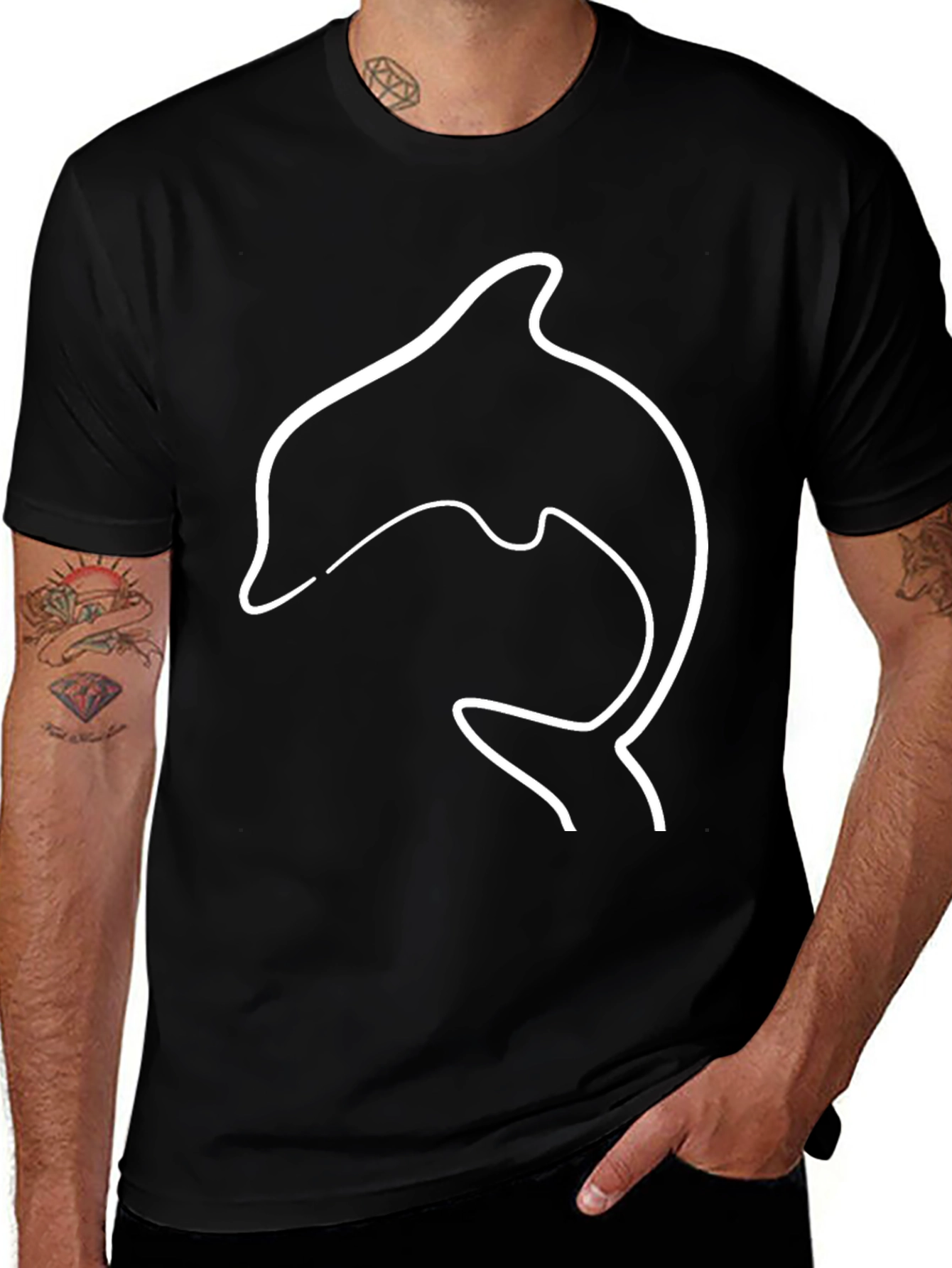 Dolphin Outline Graphic Tee - Black Casual T-Shirt