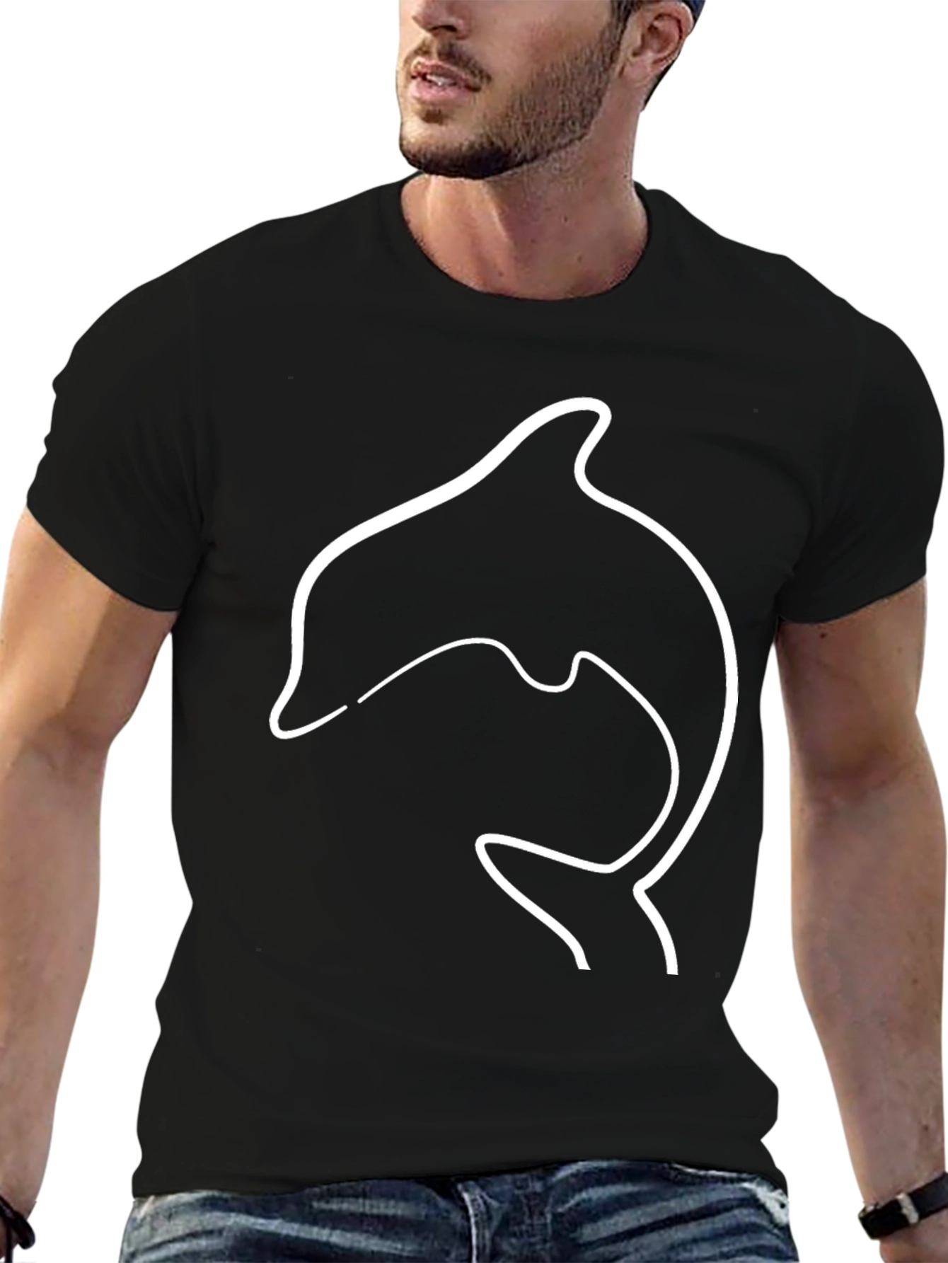 Dolphin Outline Graphic Tee - Black Casual T-Shirt