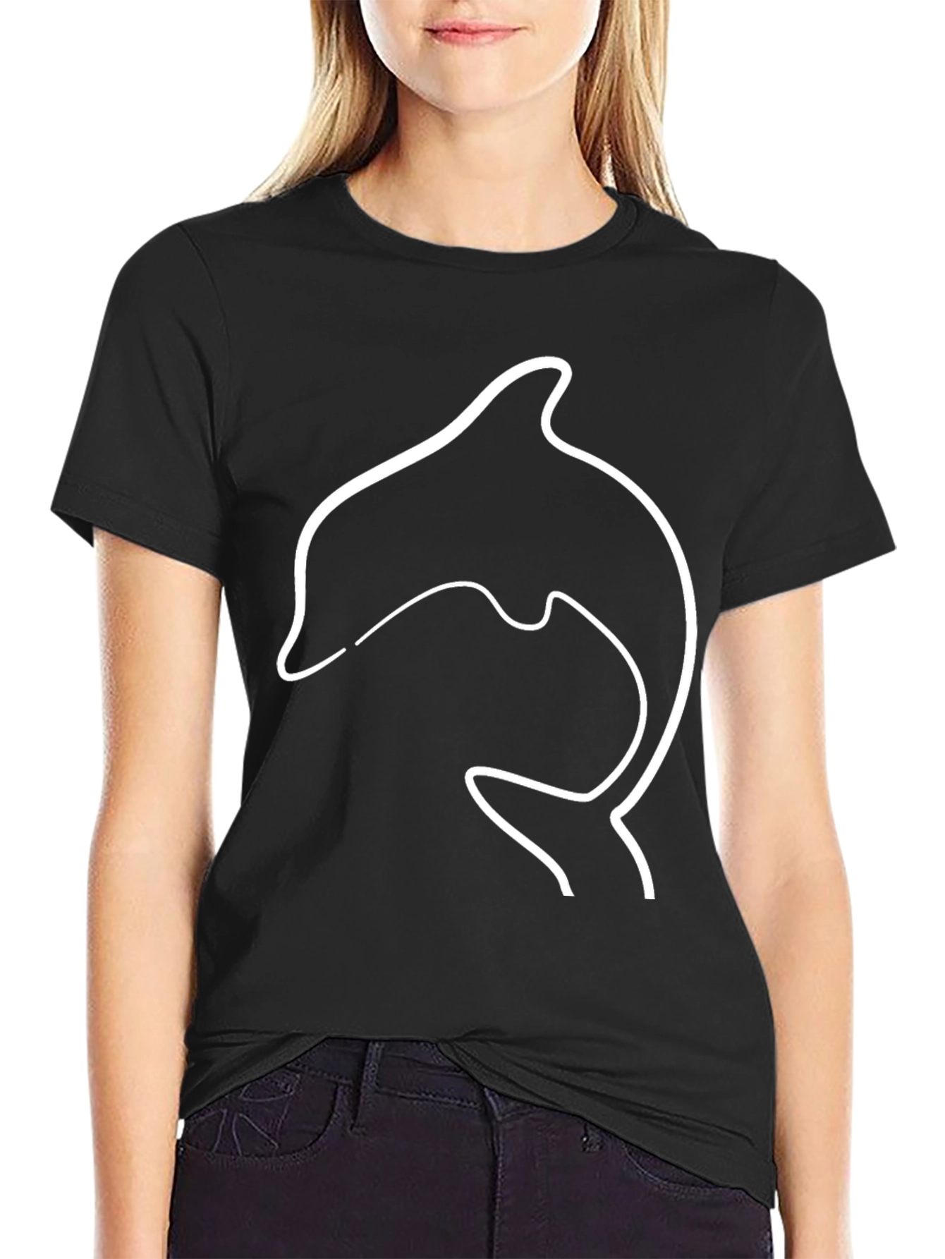 Dolphin Outline Graphic Tee - Black Casual T-Shirt