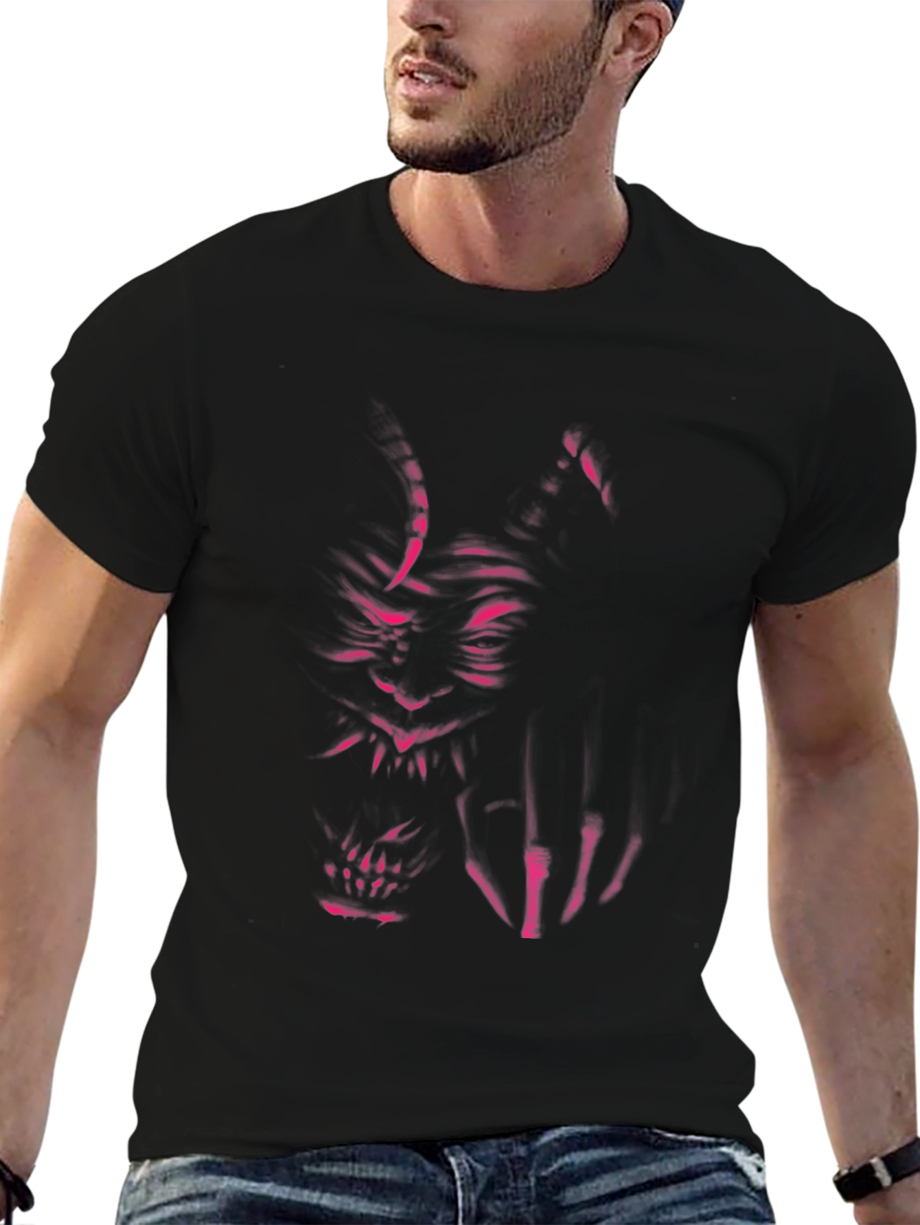 Mens Black T-Shirt with Oni Demon Graphic