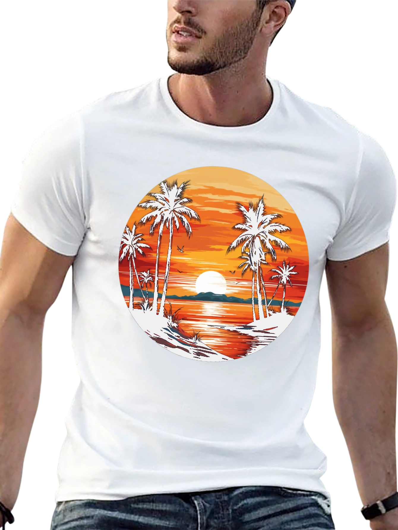 Tropical Sunset Palm Tree Graphic T-Shirt