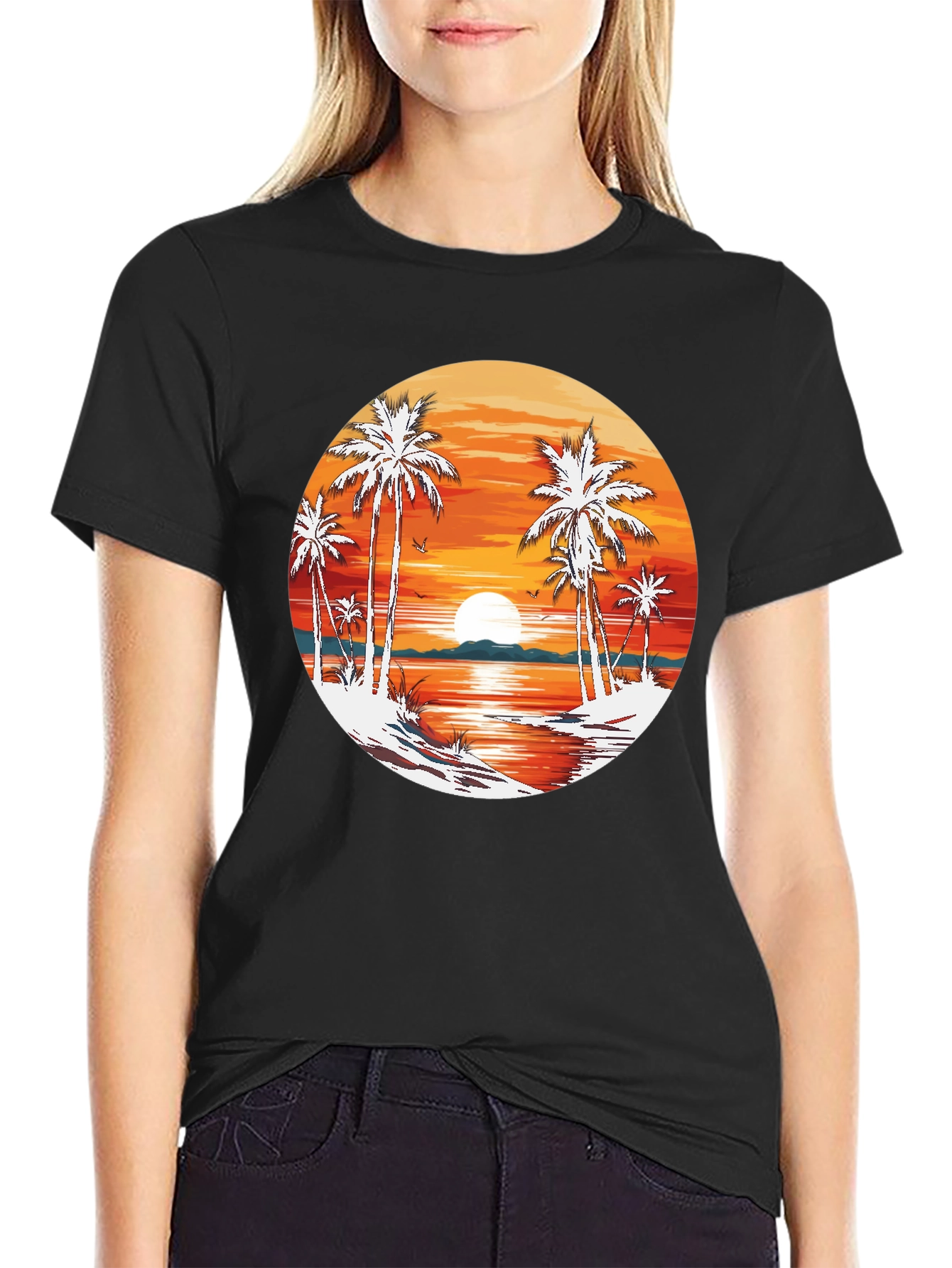 Tropical Sunset Palm Tree Graphic T-Shirt