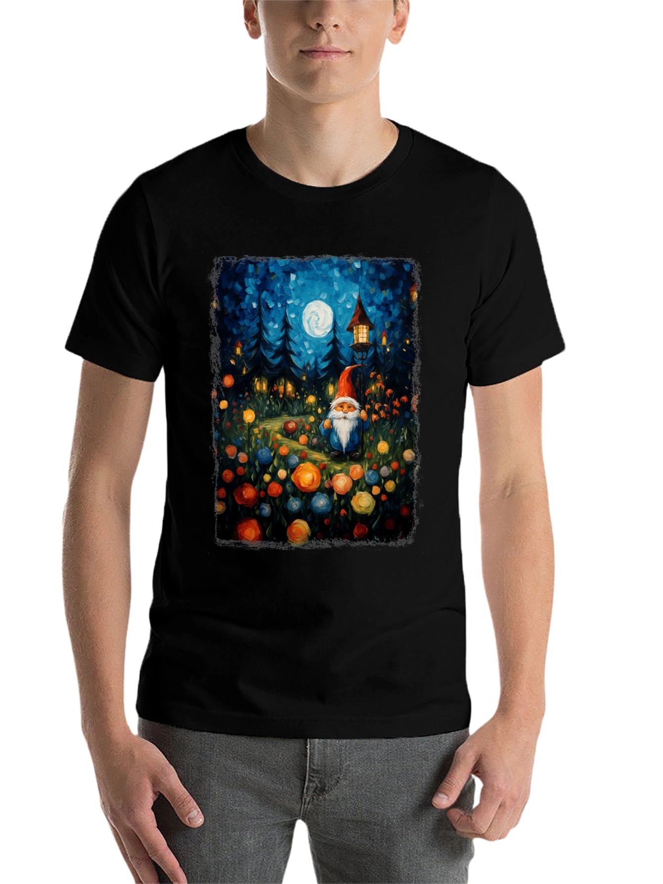Whimsical Gnome T-Shirt - Forest Moonlit Design