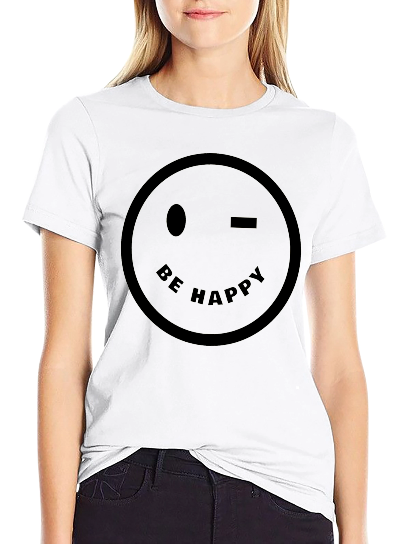 Be Happy Wink Smiley Face Black T-Shirt