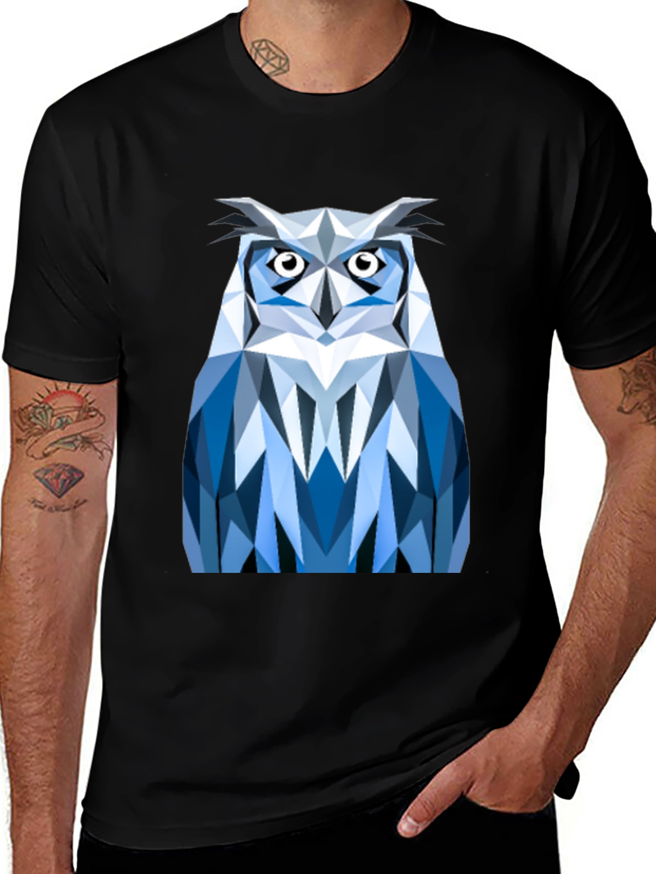 Geometric Owl Print Black T-Shirt