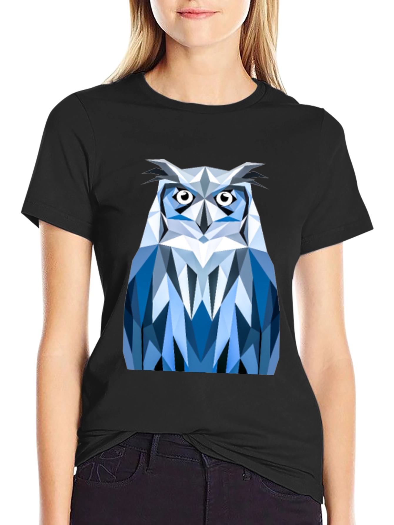Geometric Owl Print Black T-Shirt