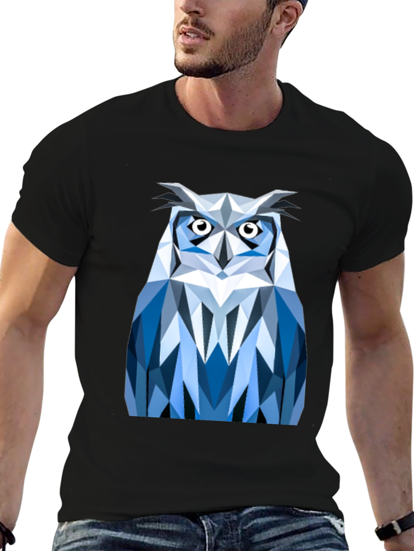 Geometric Owl Print Black T-Shirt