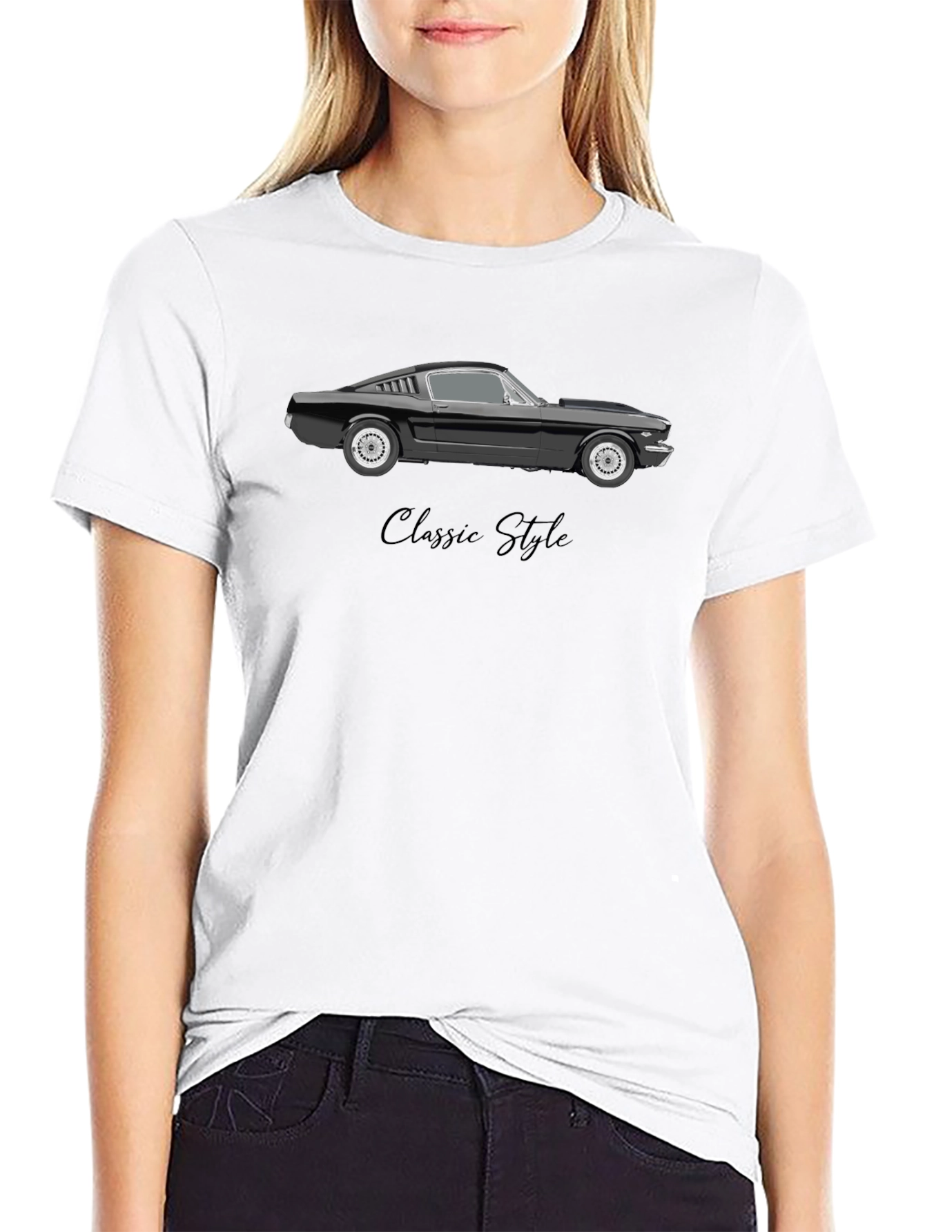Classic Style Car Graphic Tee - Black Cotton Blend