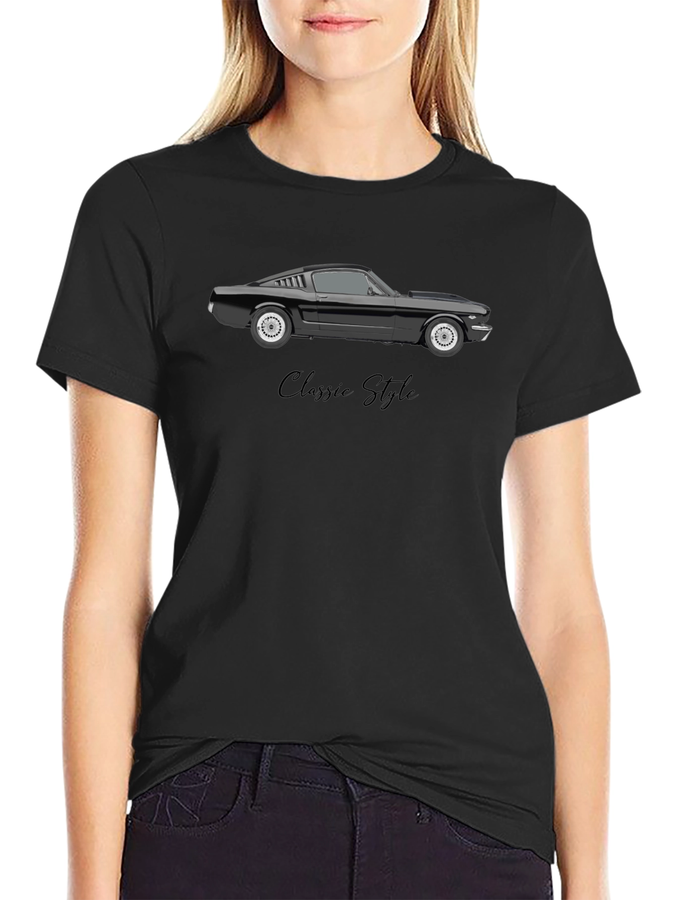 Classic Style Car Graphic Tee - Black Cotton Blend
