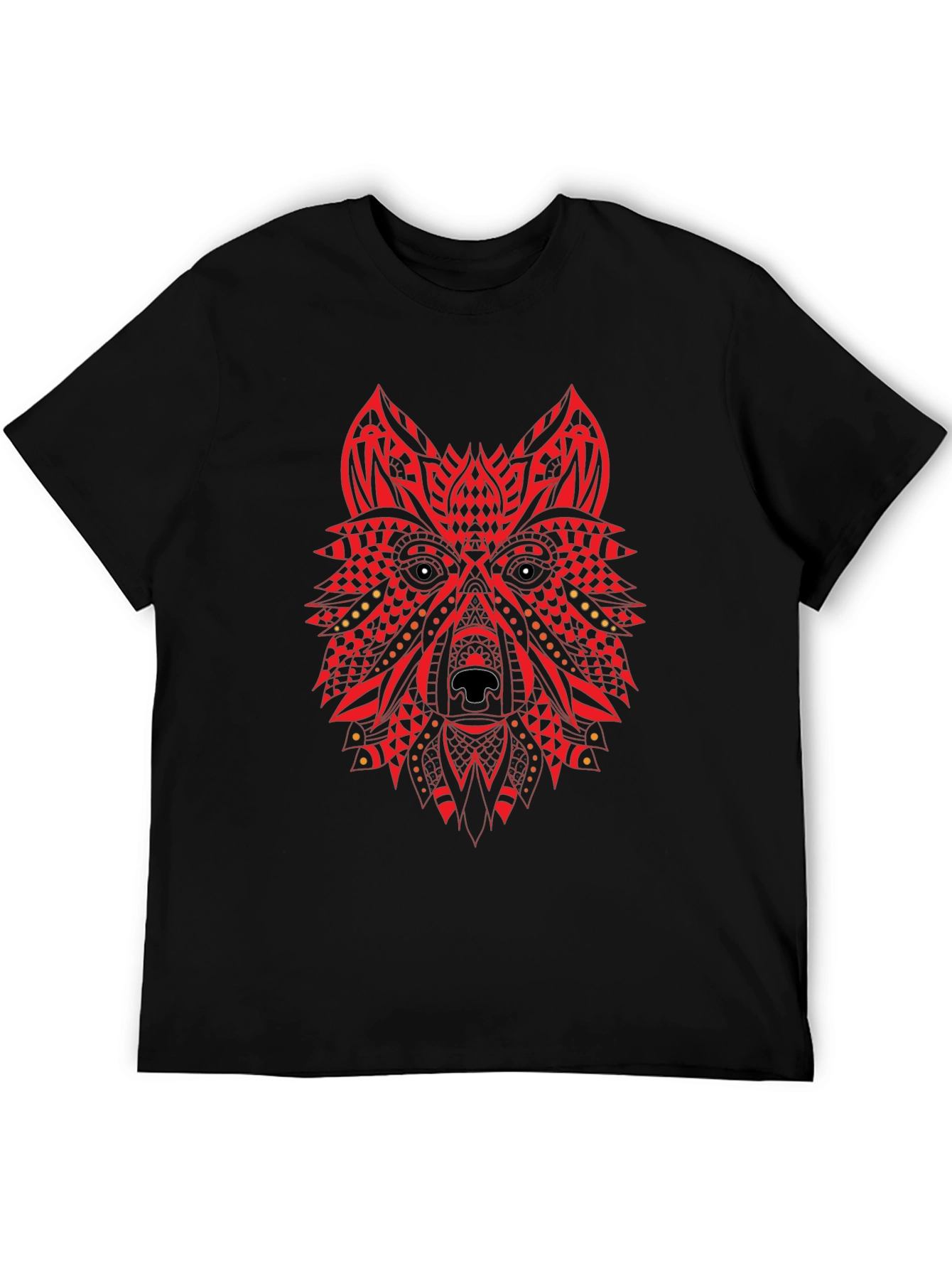 Red Tribal Wolf Graphic Black T-Shirt
