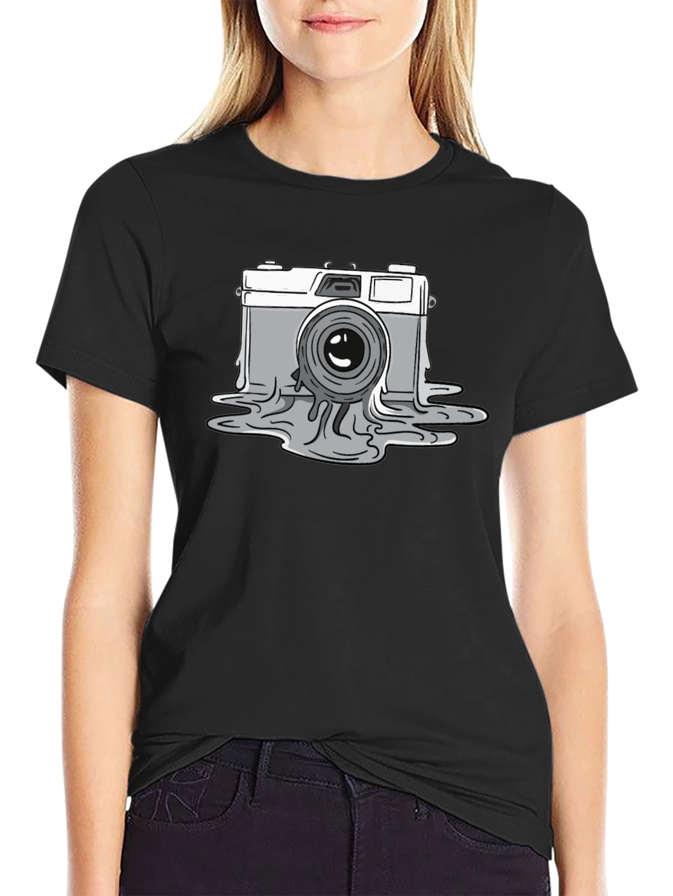 Melting Camera Graphic Tee - Black Cotton T-Shirt